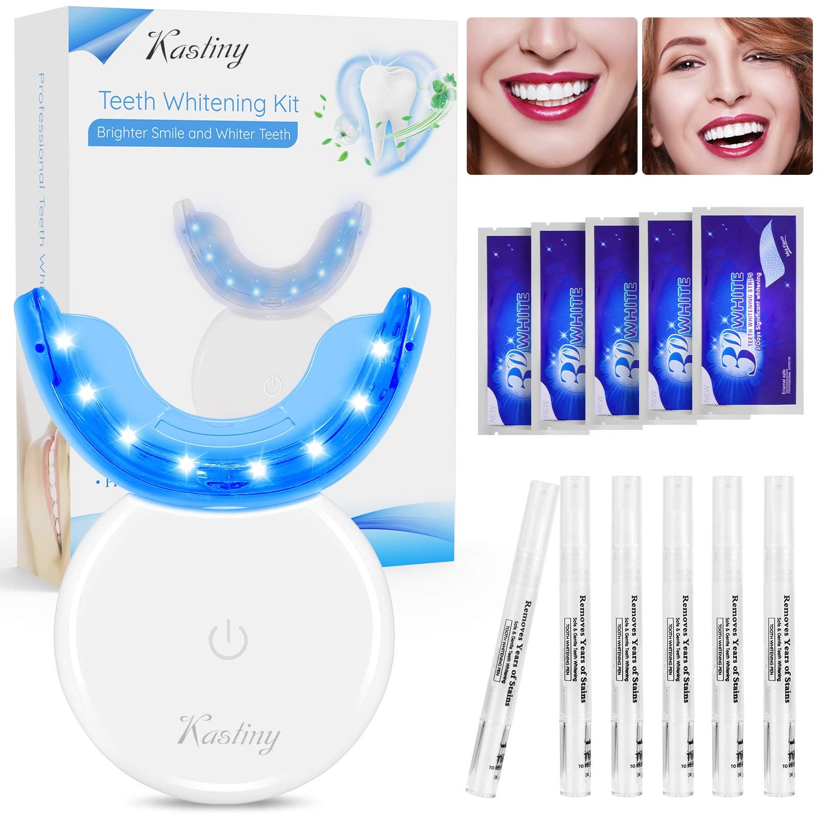 Teeth Whitening Kit, Kastiny Professional Tooth Whitener Set with LED Light, 6 Stain Remover Gel and 5 Whitening Strips, Perfect Home Dental Cleaning Bleach, Fast Stain Relief