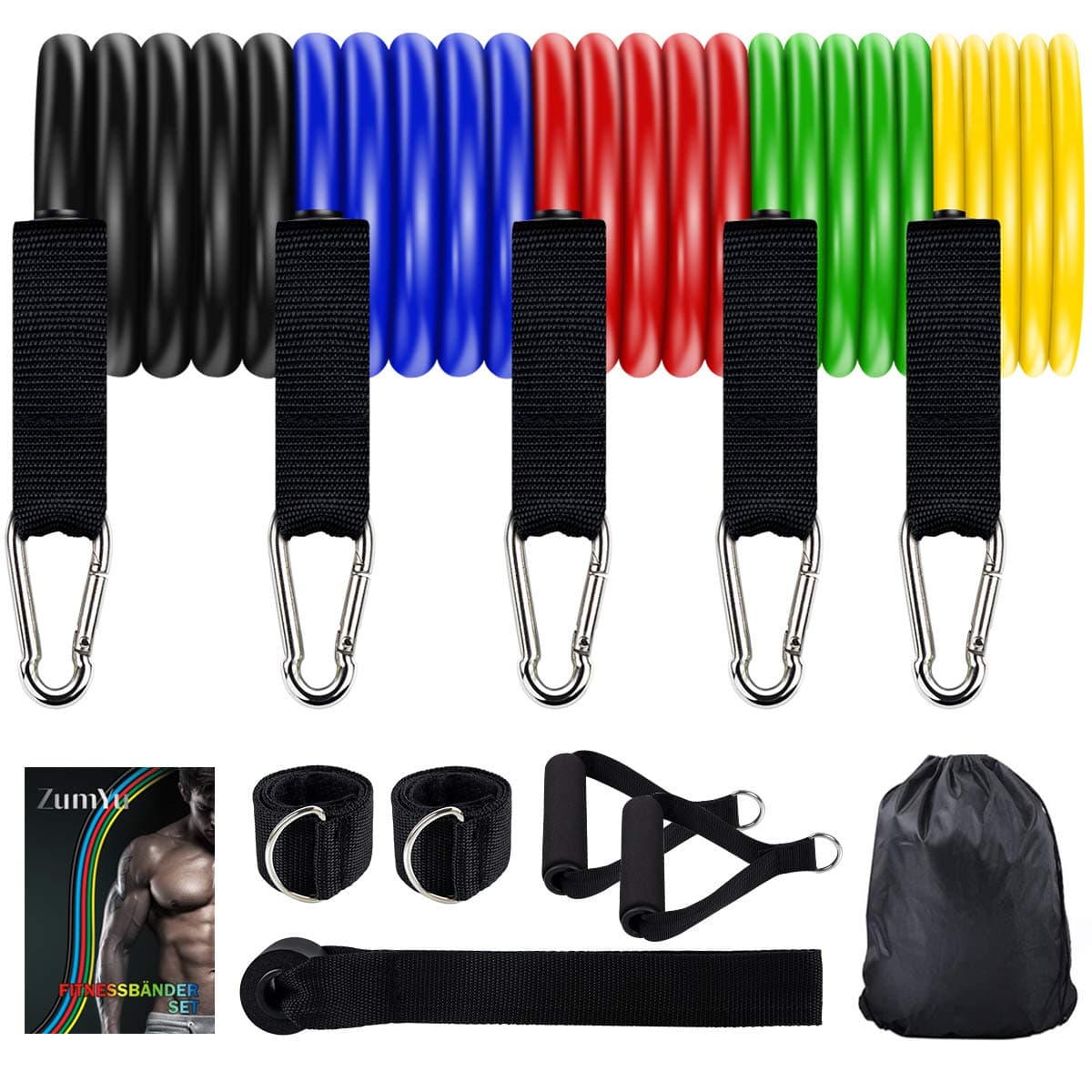 Resistance Bands Set Workout Bands with 5 Stackable Exercise Bands, 5 Resistance Loop Bands, 2 Core Sliders, Door Anchor, Ankle Straps, Jump Rope,Hand Grip Strengthener