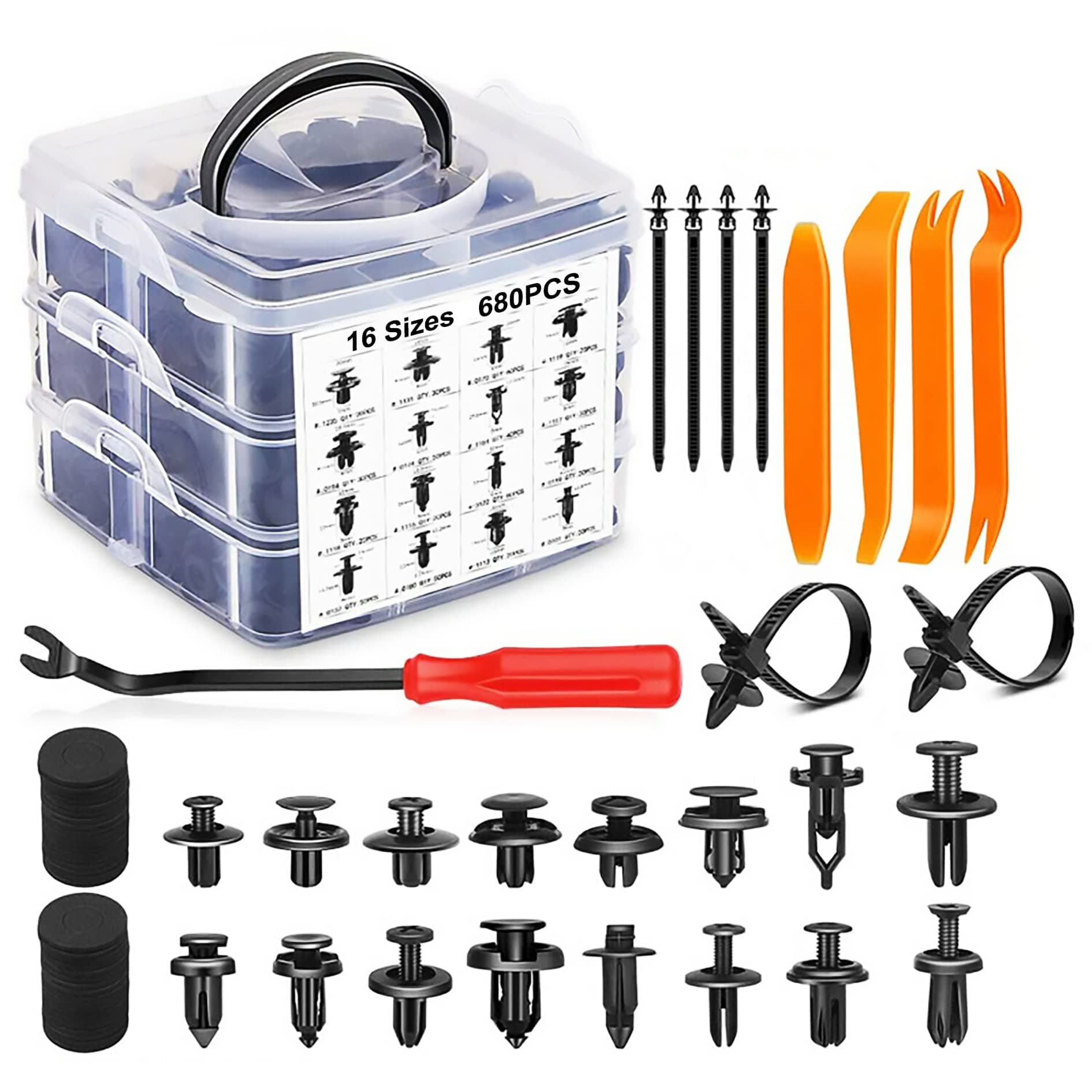 Nessa 726pcs Car Retainer Clips & Nylon Fasteners Kit,16 Sizes Auto Push Pin Rivets Set with Clips Removal Tool,Spongde-Cushion, Cable Tie
