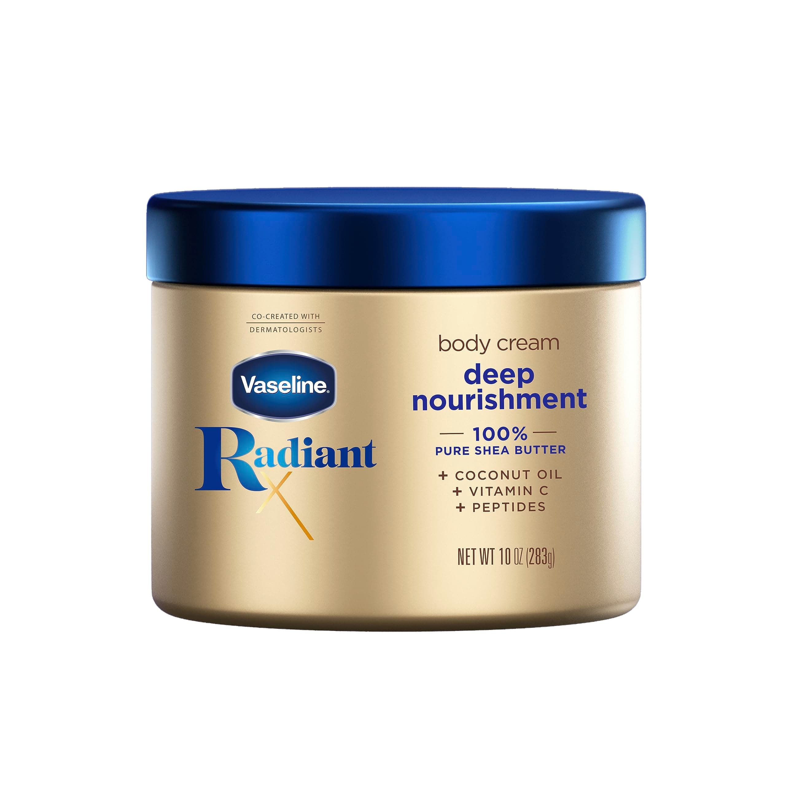 Vaseline Radiant X Deep Nourishment Body Cream 100% Pure Shea Butter, Coconut Oil, Vitamin C, & Peptides, 10 OZ