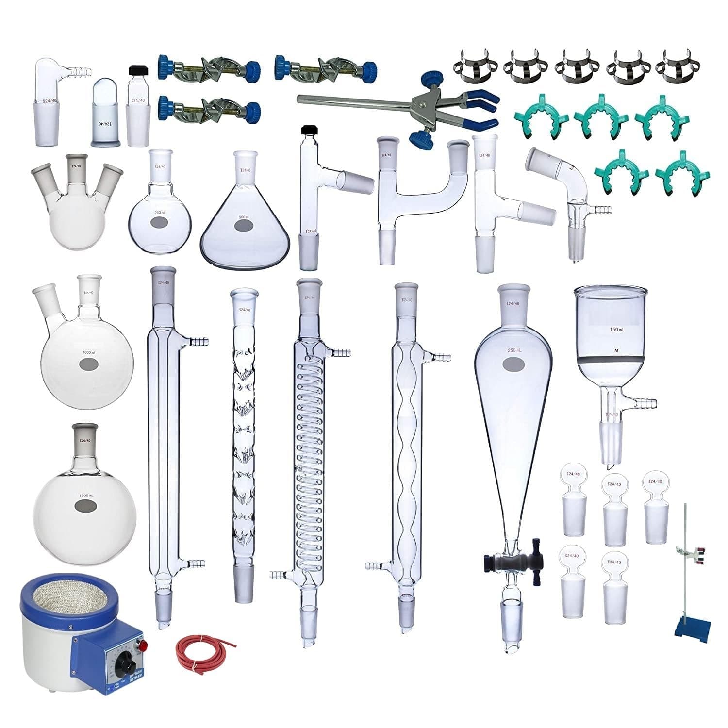 - Borosilicate Glass Advanced Organic Chemistry Lab Glassware Kit, Laboratory Glassware Distillation Apparatus with 1 Stand and 1 ltr. heating mantle (43 items)