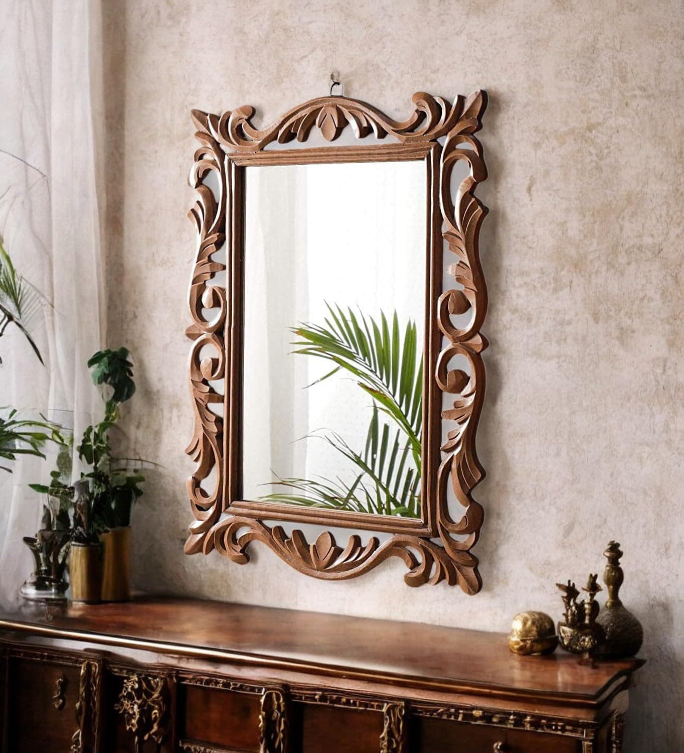 Wall Mirror Wooden Walnut Color 24"x18" Pack of One Victorian Style Elegantly Hand Crafted Floral Carving Mirror for Home and Office Décor TUSMR36