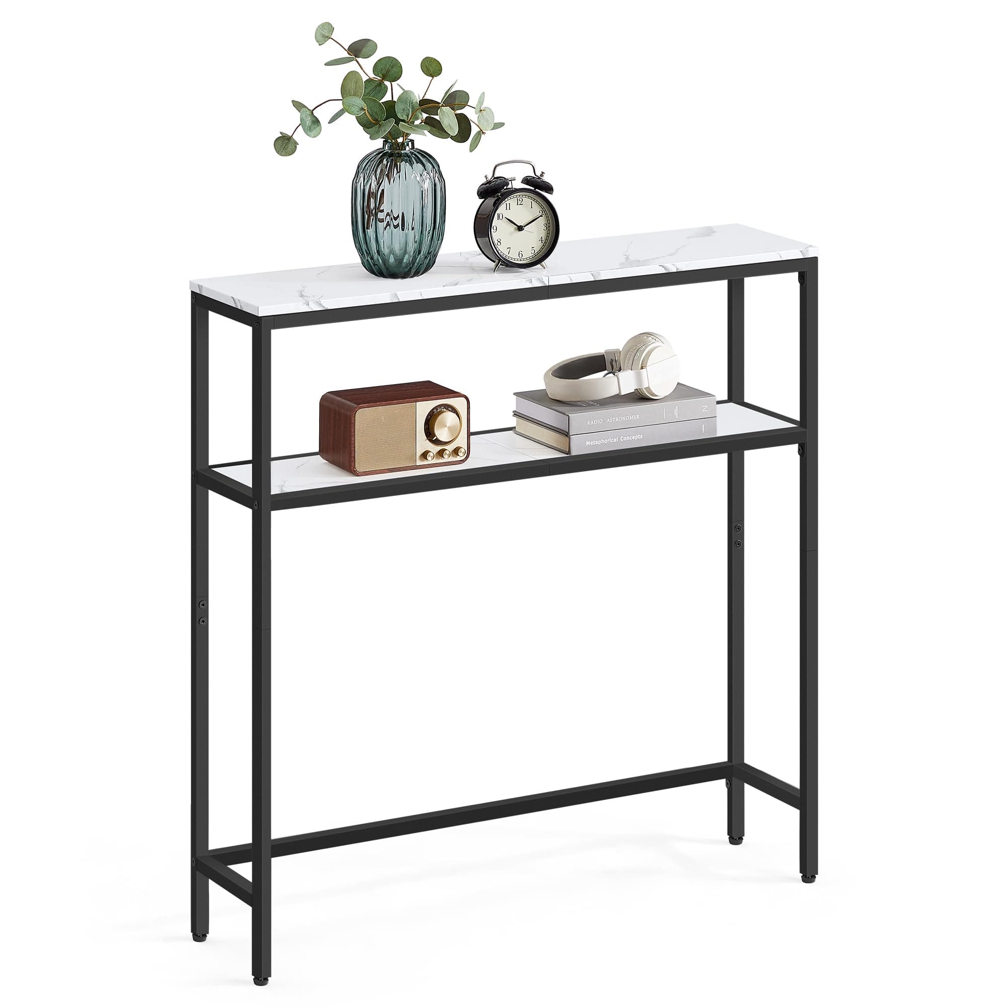 Console Table, 2-Tier Sofa Table, 7.9 x 31.5 x 31.5 Inches, Narrow Entryway Table, Modern Entry Table with 2 Shelves, for Living Room, Bedroom, Marble White and Ink Black ULNT130W59