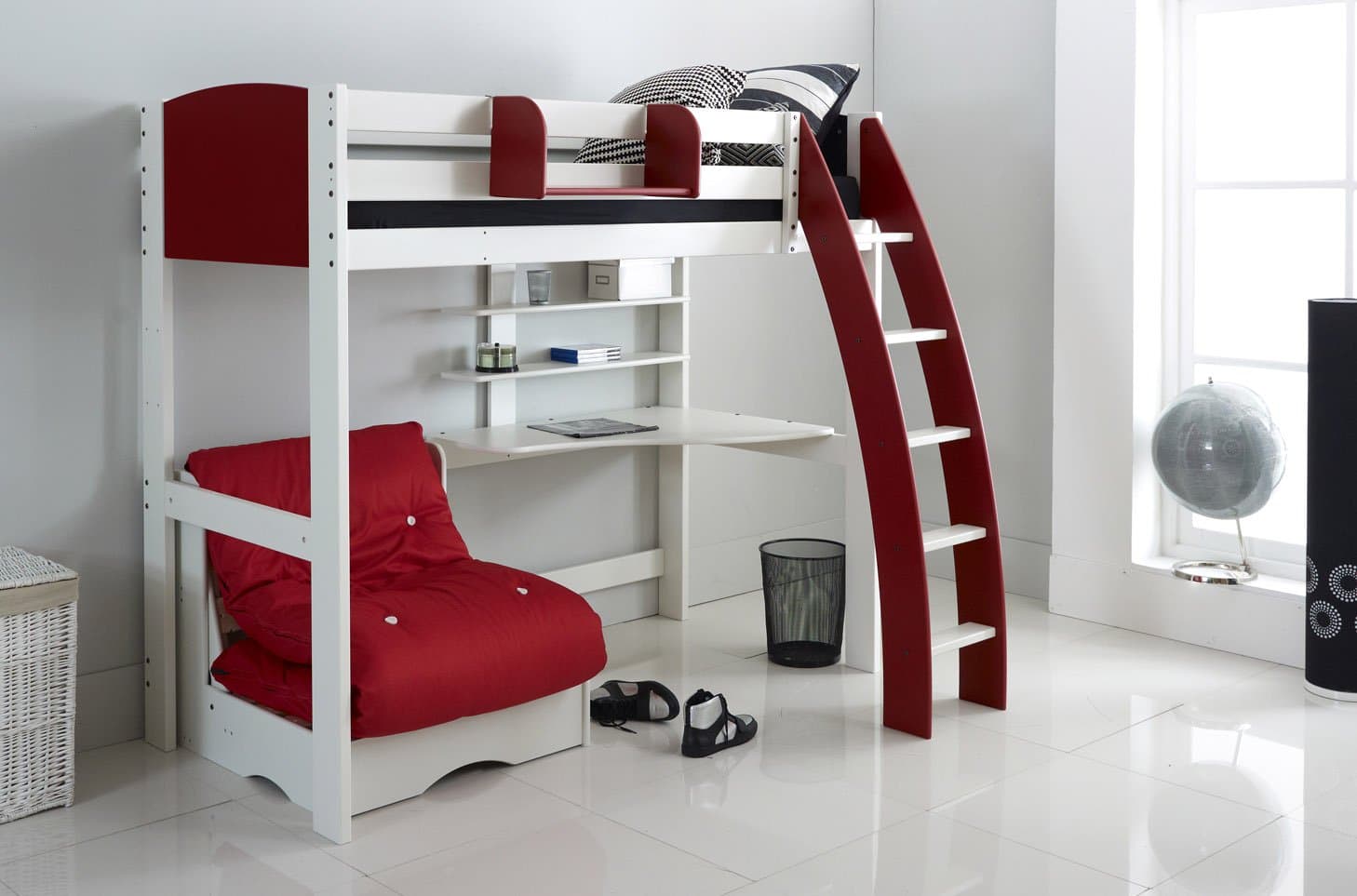Scallywag Kids High Sleeper Bed - White/Red - Curved Ladder - Integral Desk & Shelves - Chair Bed - Hook on Shelf. Made In The UK.