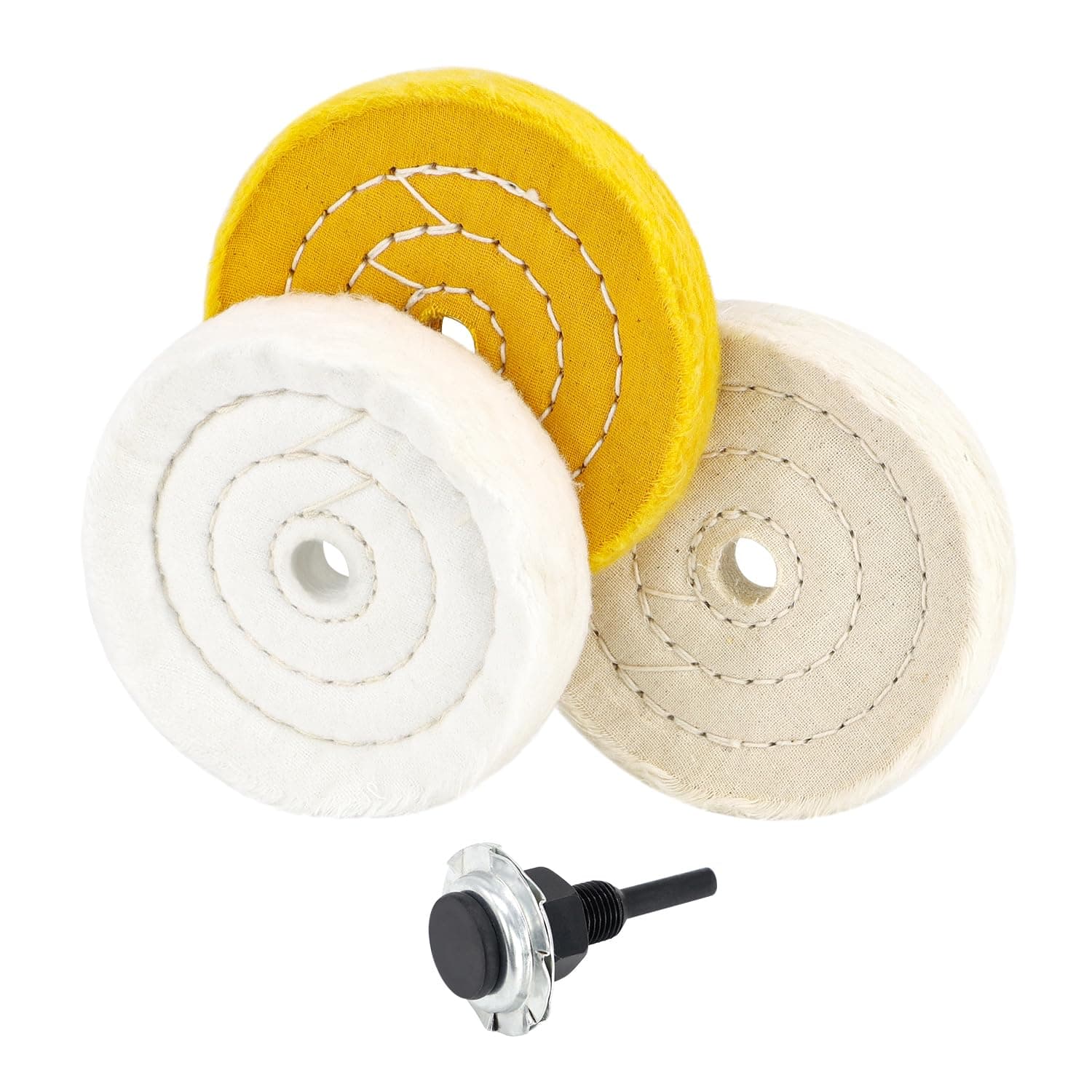 SCOTTCHEN 4" Buffing Polishing Wheel with 1/4" Handle for Drill, 1/2" Arbor Hole,Cotton Fine (50Ply),Ultra Fine(30 Ply),Treated Yellow (38 Ply) -3pcs