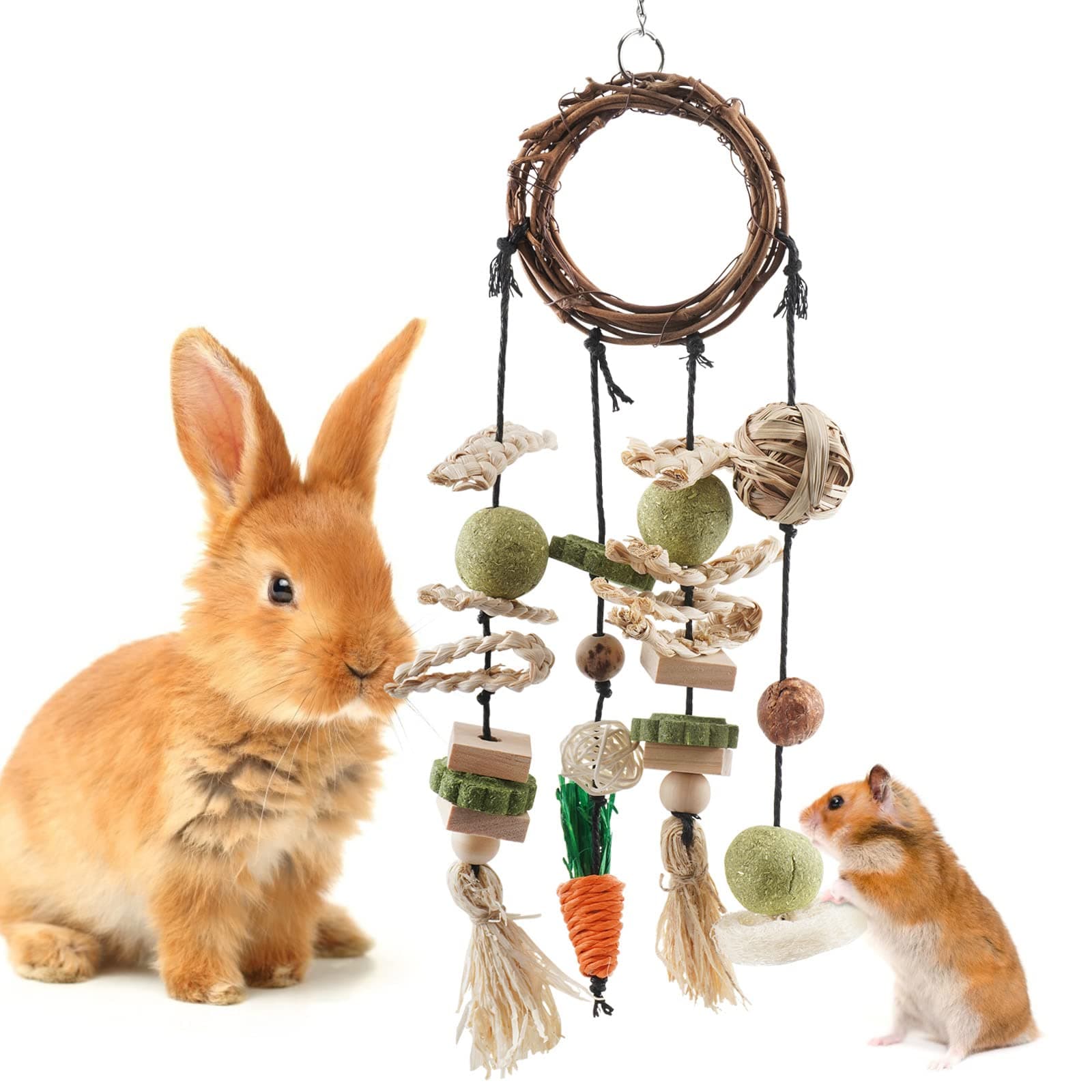 Bunny Chew Toy, Rabbits Cage Hanging Chew Toys Accessories, Rattan Ring with Snacks for Guinea Pigs hillas Hamsters Rats and Other Small Pets Teeth Grinding