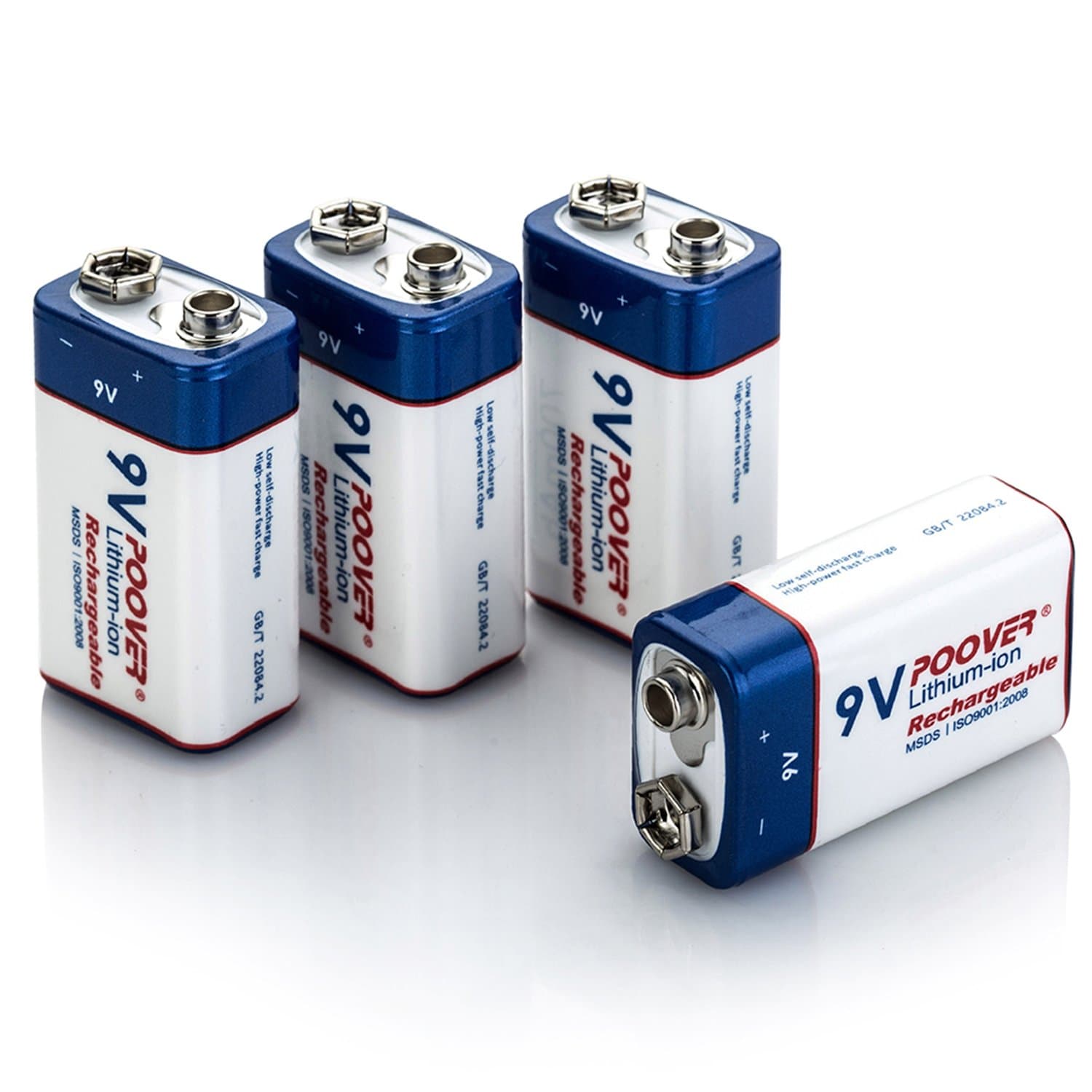 POOVER 4-Pack 9v Batteries Rechargeable 700mAh Li-ion with 9v Battery Connectors for Guitar Multi-Meter