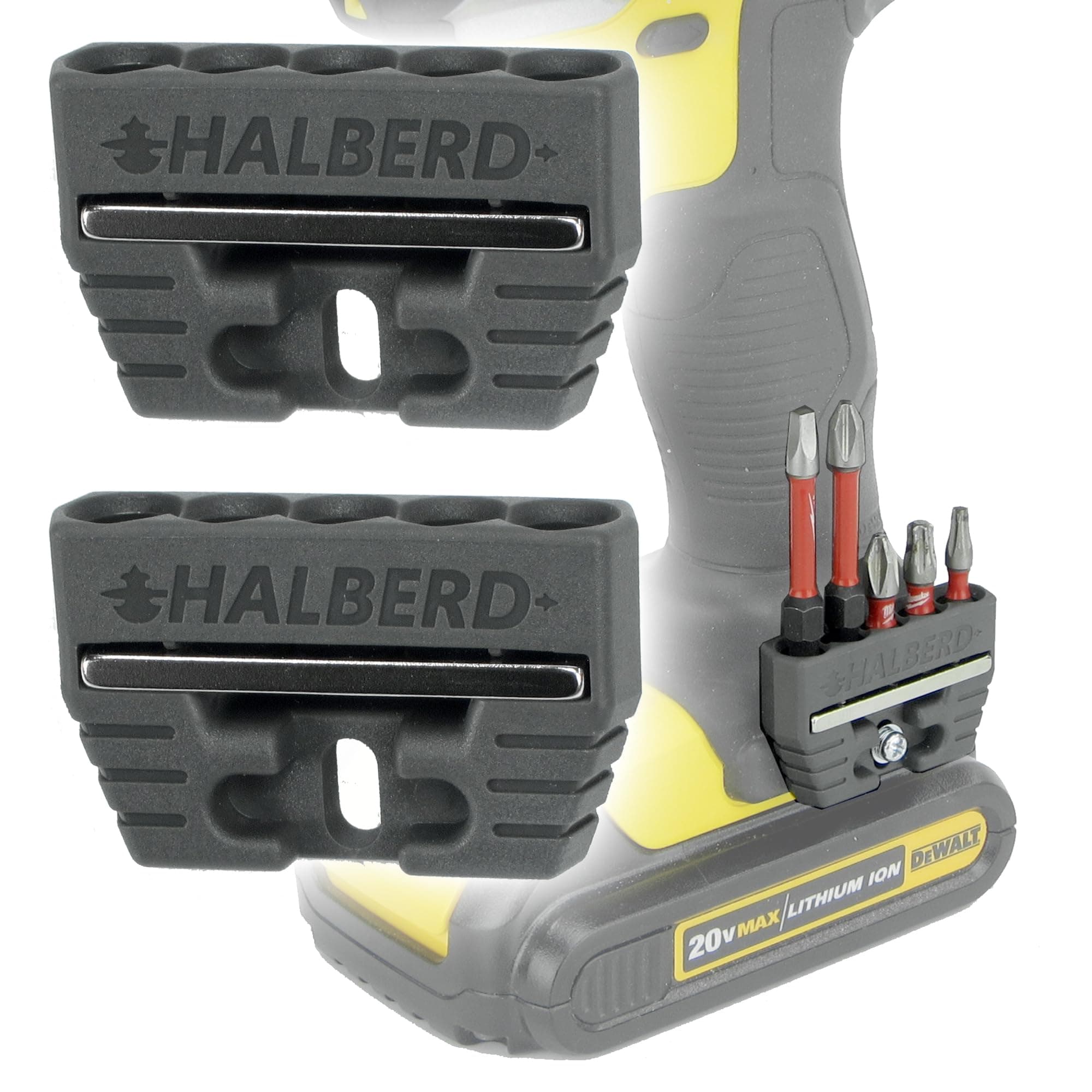 Halberd Universal Fit Magnetic Bit Holder, Securely Mounts to Belt Clip Screw, Fits Both Left and Right Side of Driver, for Milwaukee, DeWalt, Ridgid, Makita, Bosch, Ryobi, More - 2 Pack