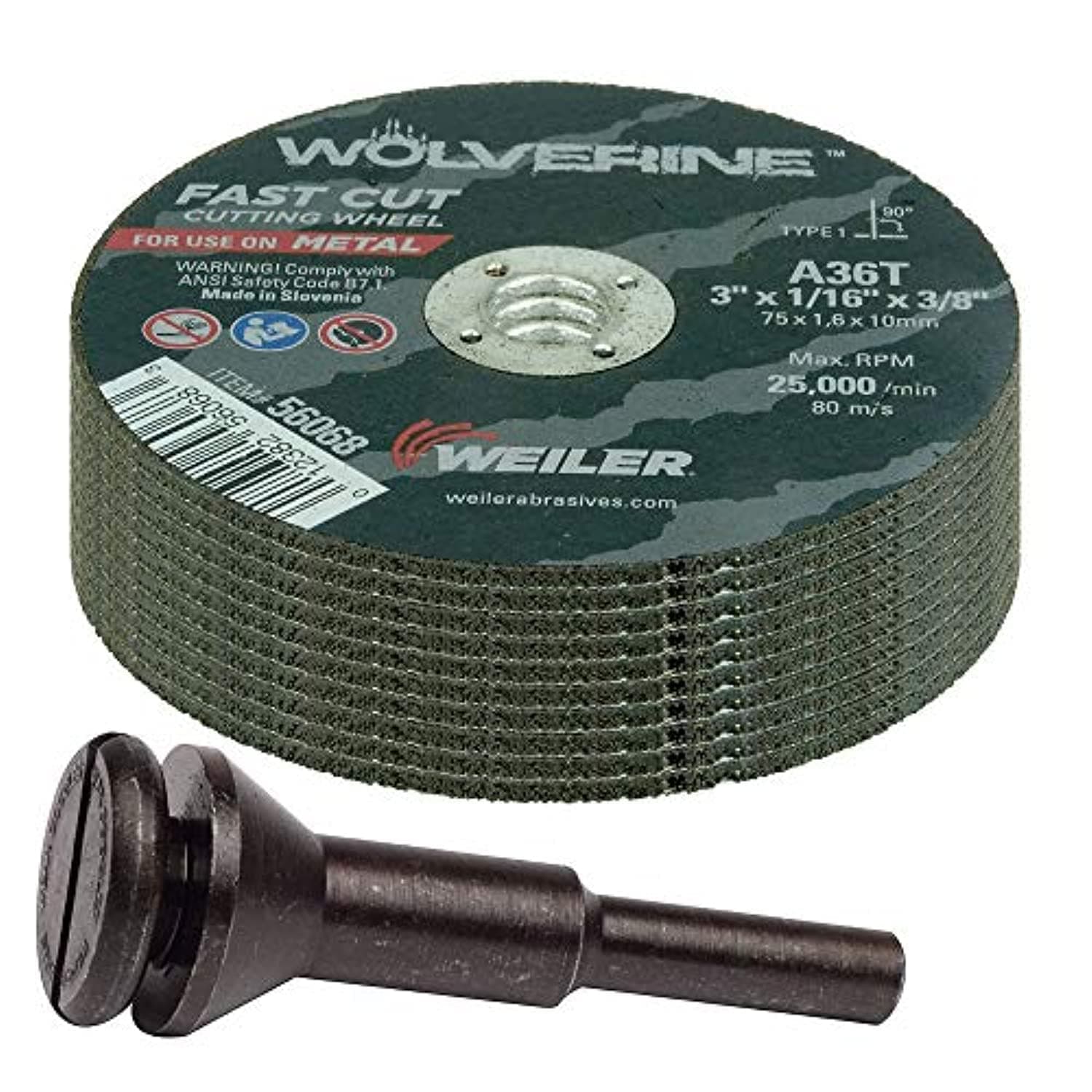 56089 Die Grinder Cut-Off Wheel and Mandrel Kit including 56490 Mandrel and 3-Inch x 1/16" Wolverine T1 Thin Wheels, A36T, 3/8" AH (1 Mandrel and 10 Cutting Discs)