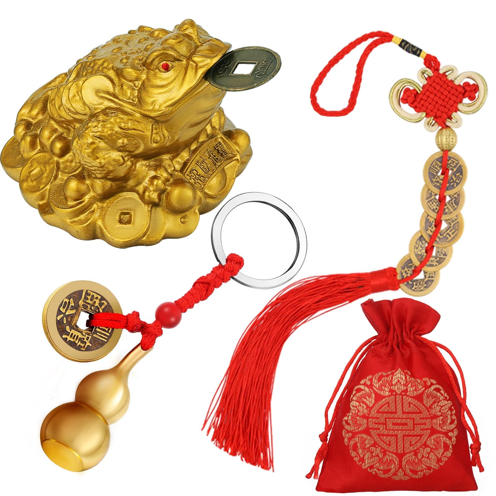 3 Pieces Feng Shui Frog Chinese Knot Lucky Coins Feng Shui Brass Wu Lou with Coins Keychain for Longevity Travel Safely Wealth Success and Good Luck with 1 Blessing Card and 1 Red Blessing Bag