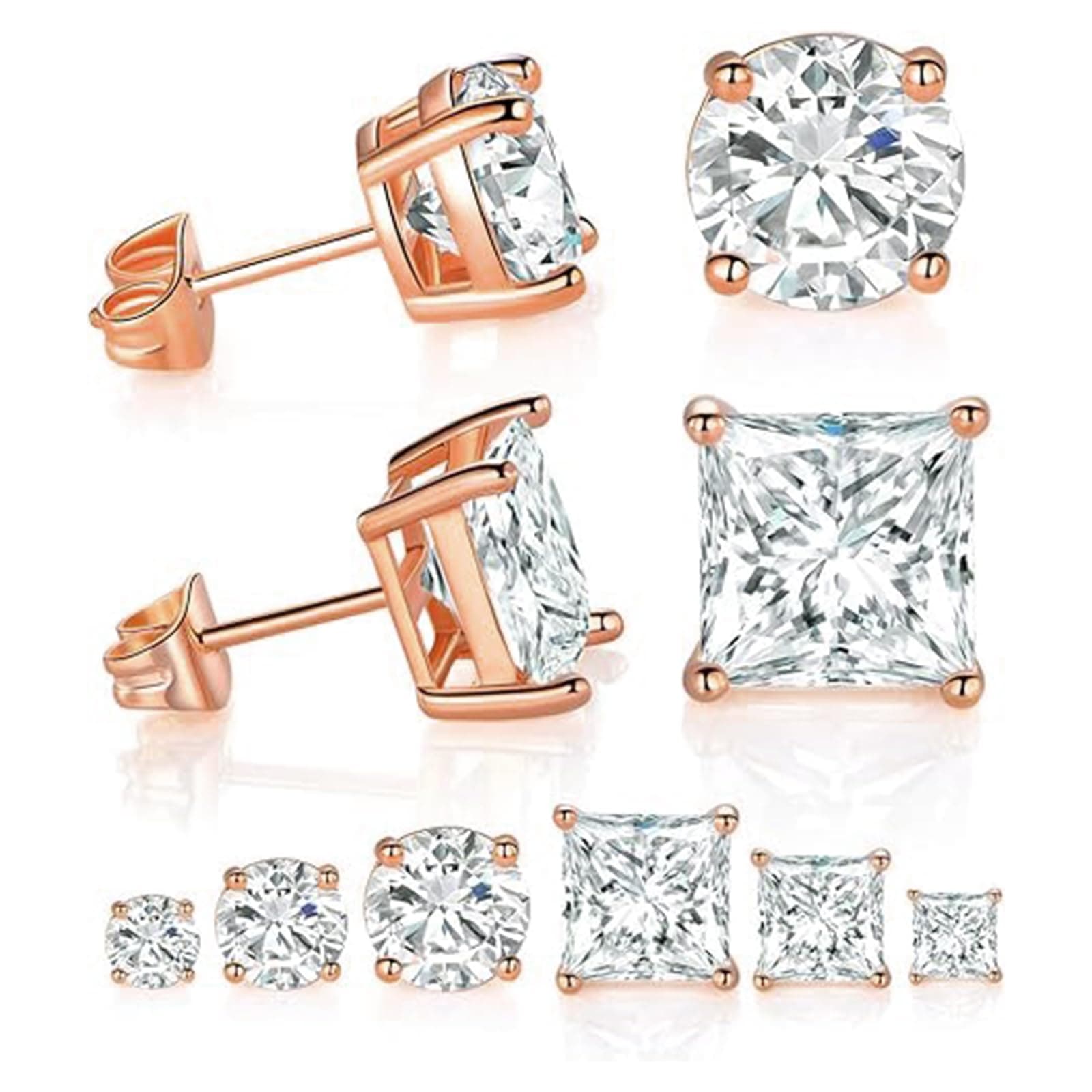 6 Pairs Stud Earrings set, 4mm/6mm/8mm 18K Gold Plated Princess & Round Cubic Zirconia Earrings Nickel Free Earrings CZ Earring for Women Men