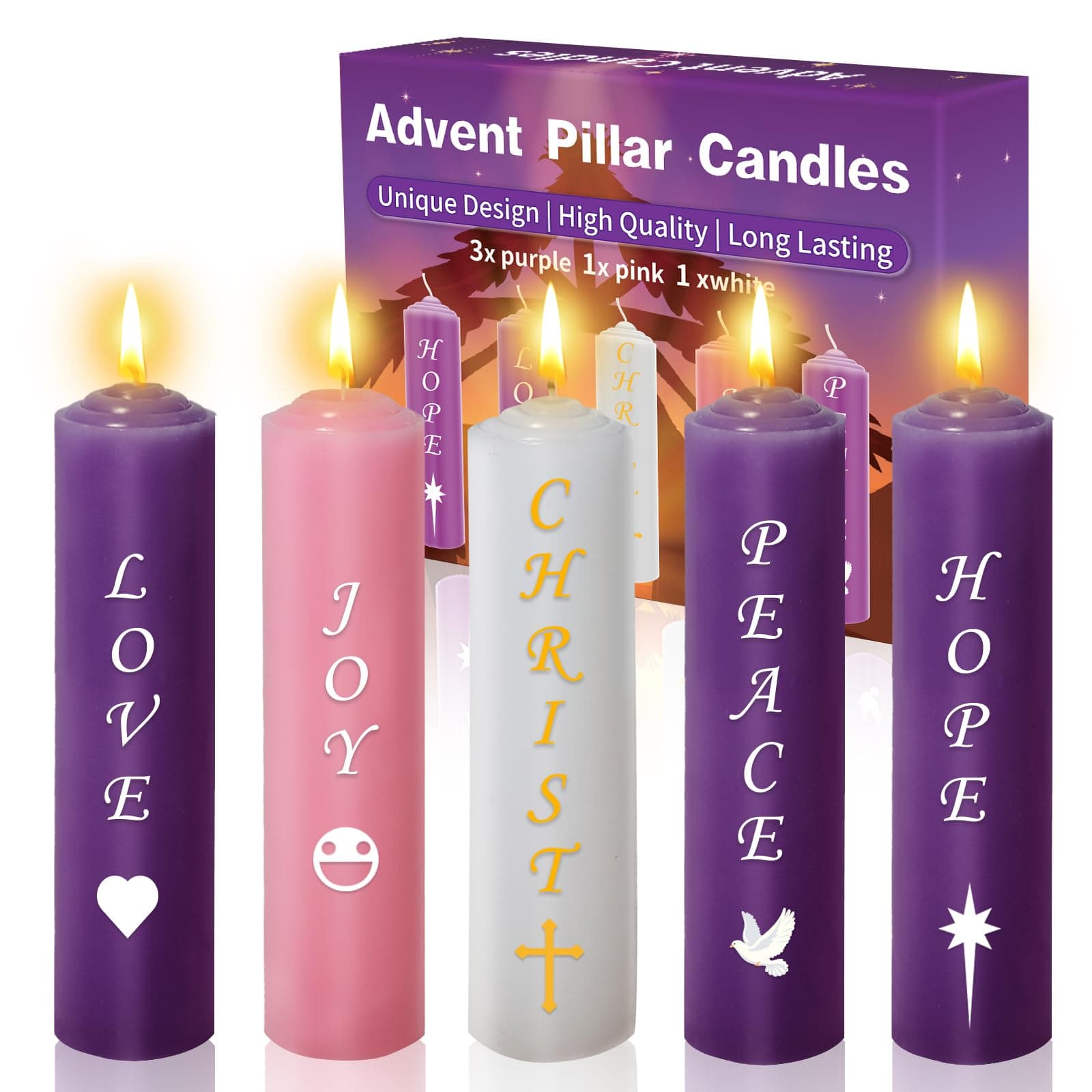 Advent Pillar Candles Set of 5-7" x 2" Unscented Christmas Decorations Round Candle, Seasonal Candle with Words Love, Joy, Christ, Peace, Hope for Advent Wreath - 3 Purple, 1 Pink, 1 White