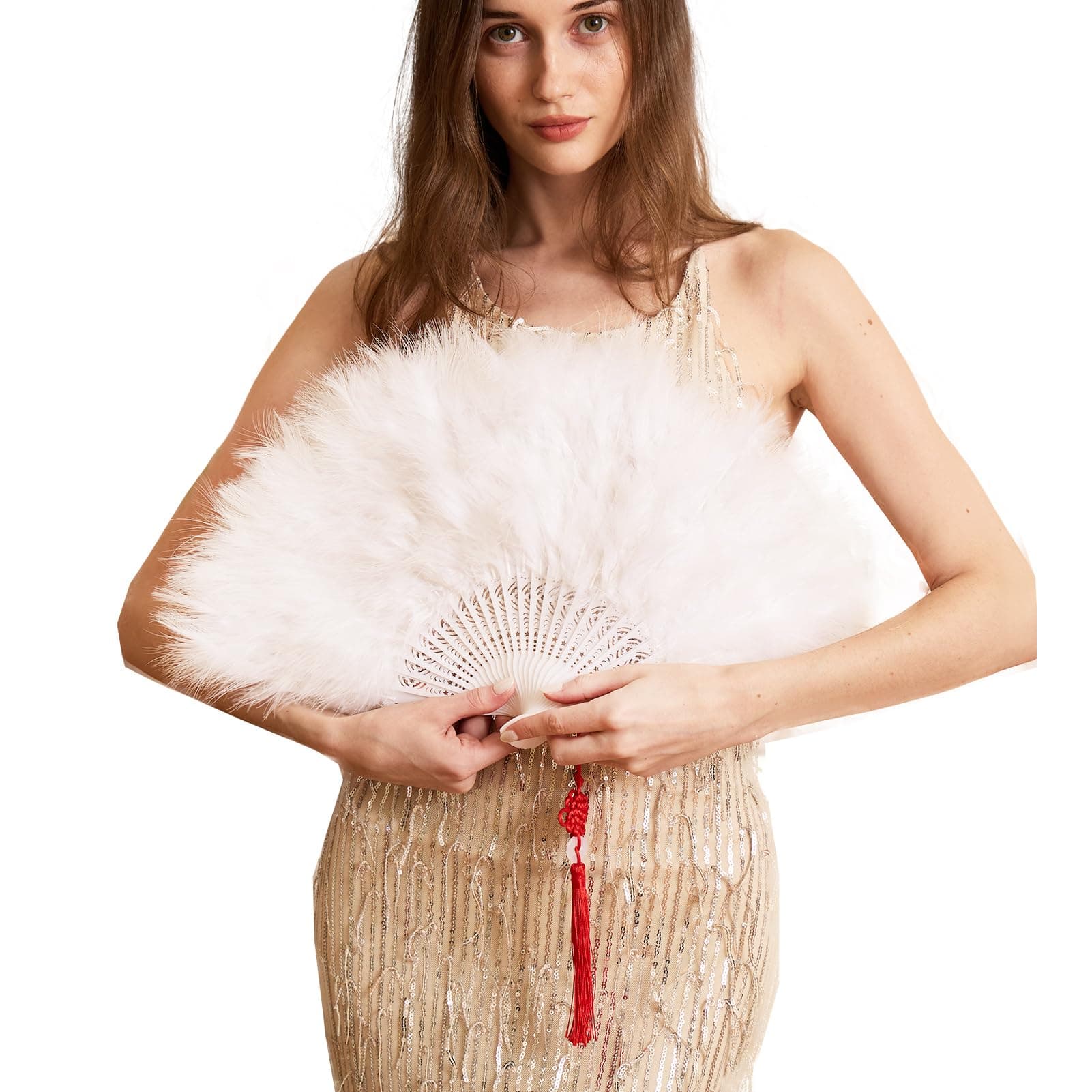 Happy Feather Handheld Marabou Feather Fan, 1920s Vintage Style Flapper Hand Fan for Costume Party and Dancing-WHITE