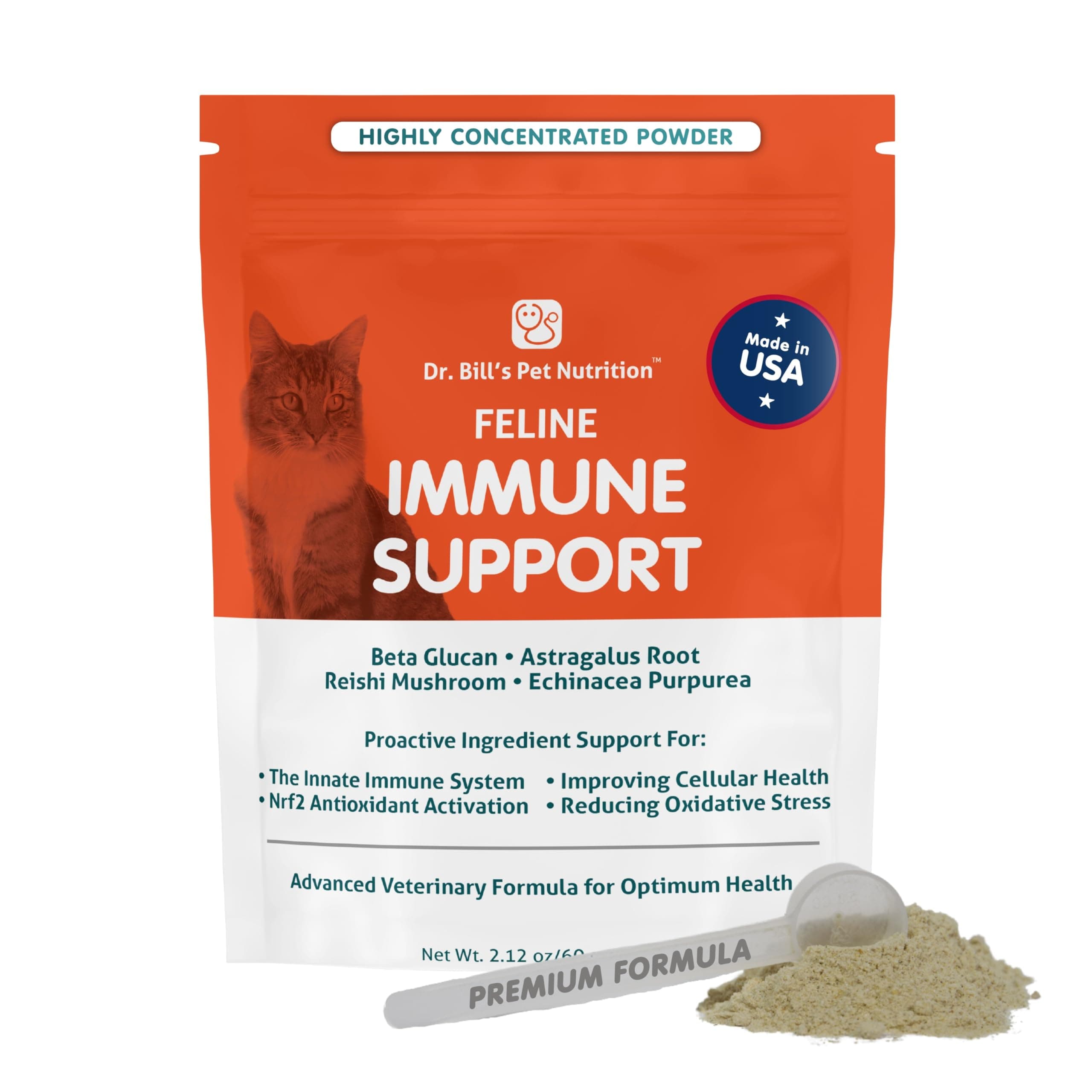 Dr. Bill’s Feline Immune Support | Boosts Cat Immunity and Health with Colostrum, Beta Glucan, Turkey Tail Mushroom, Zinc & Vitamin C | Powder Supplement for Cats of All Ages