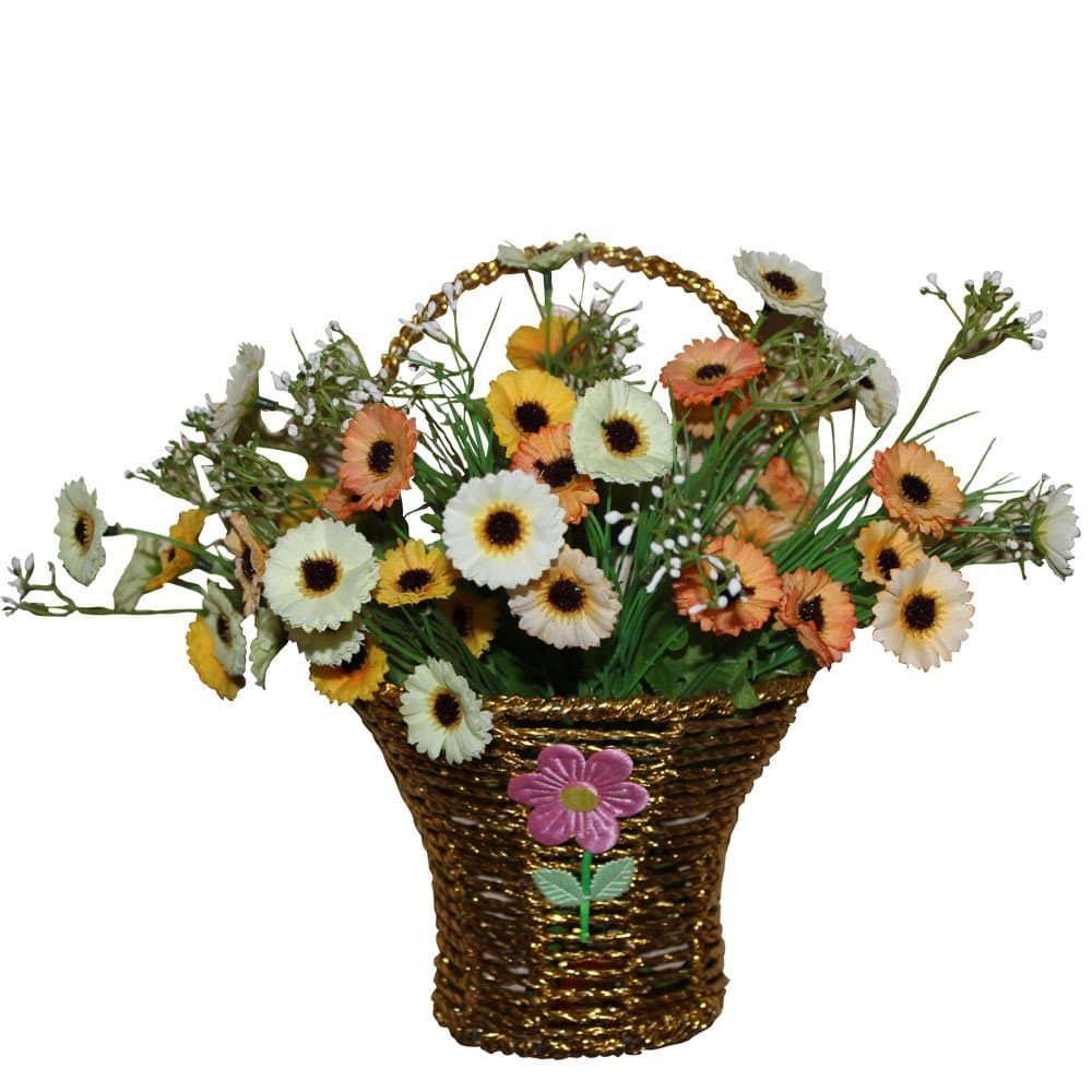 Huazhiwu 11" Artificial Flowers Arrangements With 2 Artificial Daisy Flower Bouquets Hanging Basket, Beige and Orange
