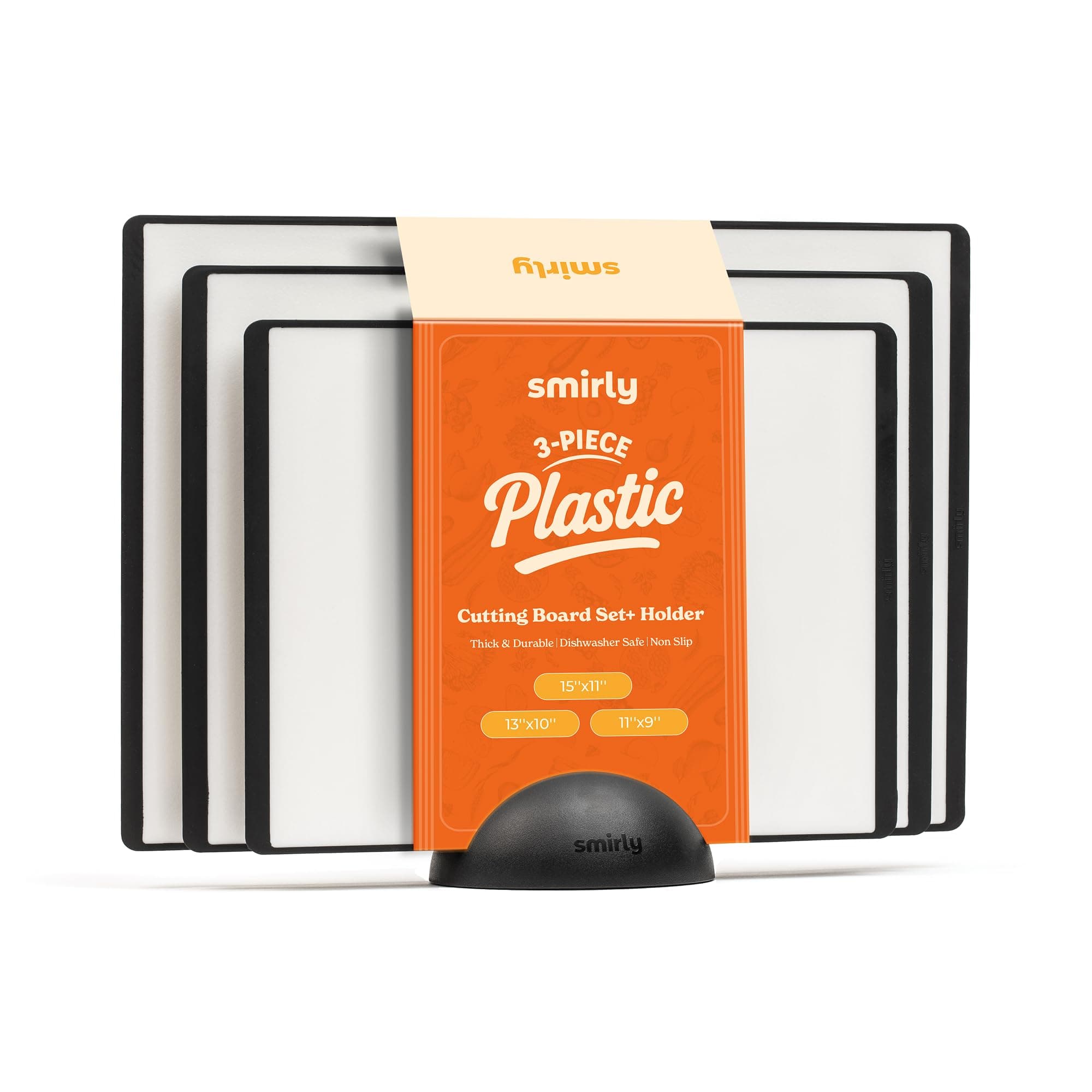 Plastic Cutting Board Set with Holder 3 Pieces, Non-Slip Dishwasher Safe Chopping Boards for Kitchen, Black & White