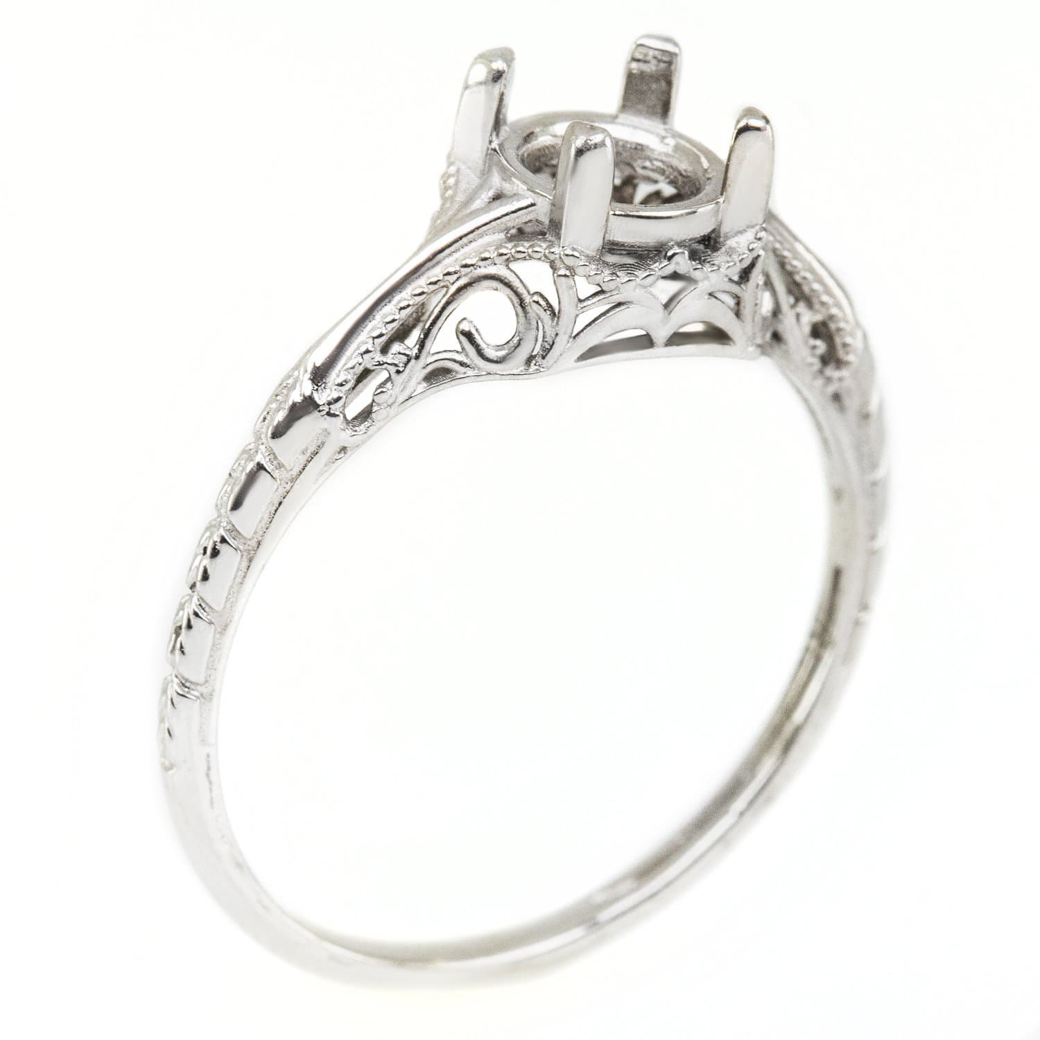 Art Deco 14K White Gold Vintage Engagement Ring Setting Round Princess Cocktail Semi-mount 4mm-5mm