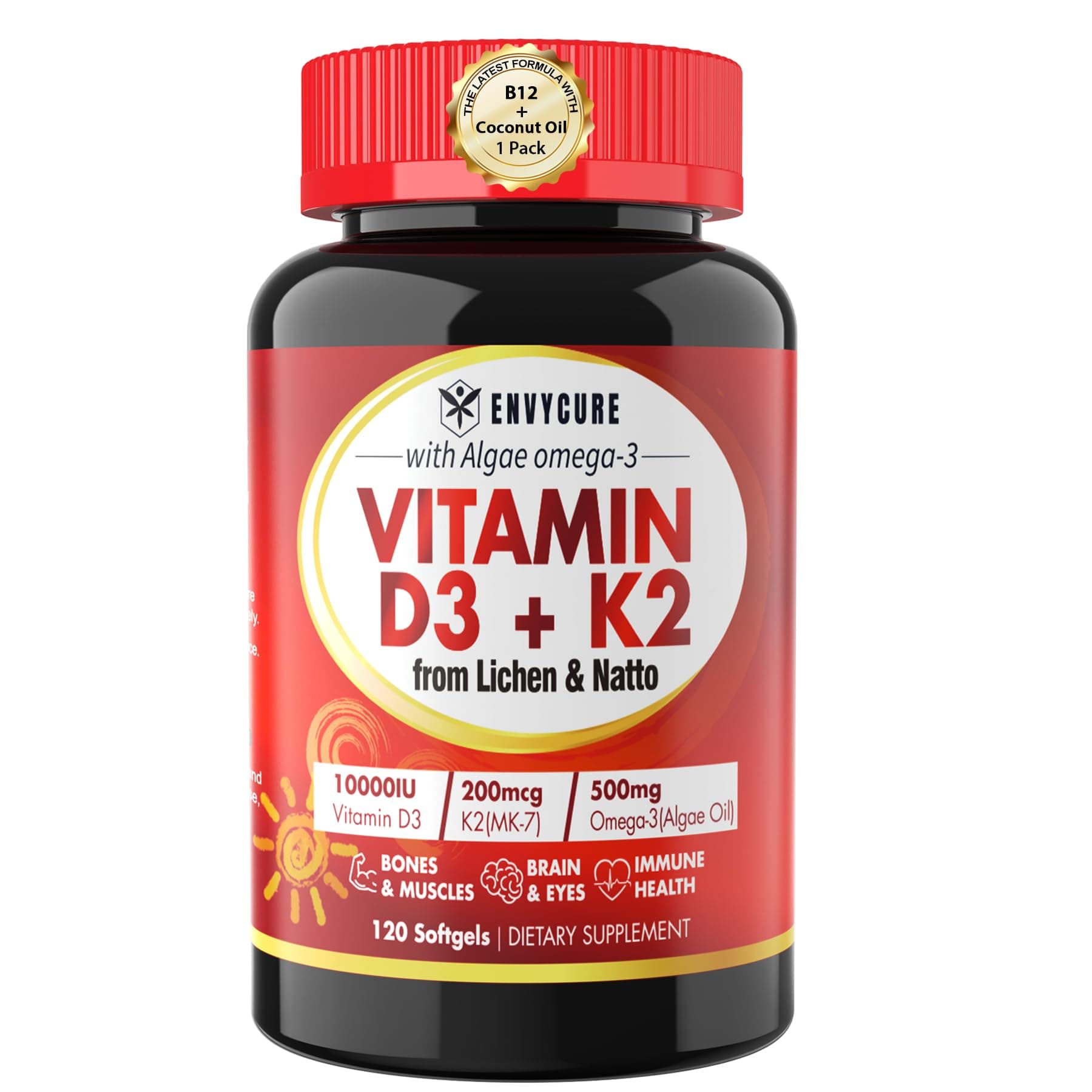 Plant-Based Vitamin D3 K2 Supplement Softgel - Vit D3 10000 Iu + Vitamin K2 Mk7 200 Mcg, Algae Omega-3, Magnesium, Vitamin B12 For Bone & Muscle, Immune Support, Max Absorption, Easy To Swallow 1pack