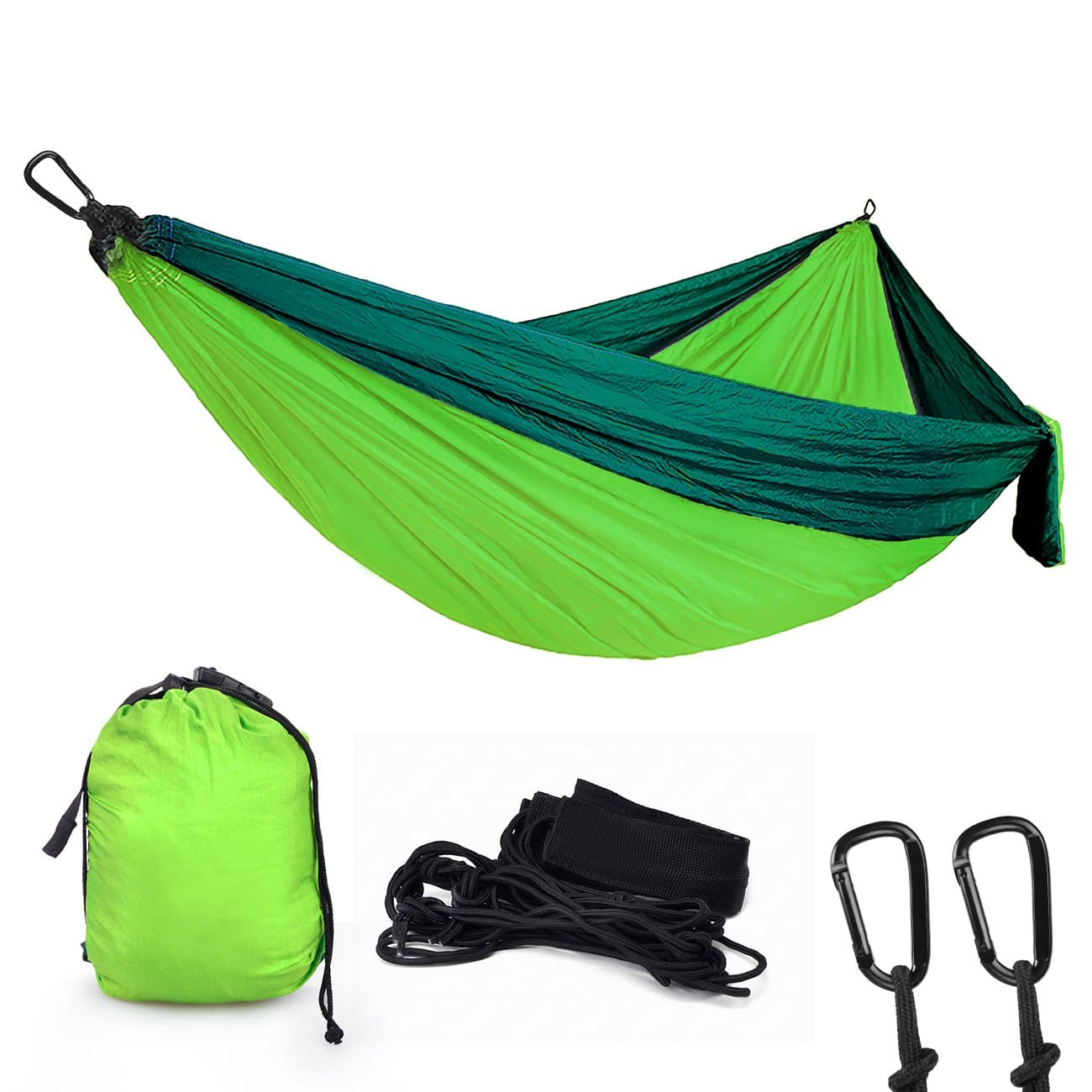 Youandme Double Camping Hammock, Lightweight Parachute Portable Hammocks for Hiking, Travel, Backpacking, Beach, Yard Gear Includes Nylon Straps & Steel Carabiners, Size 118" x 78"-Green