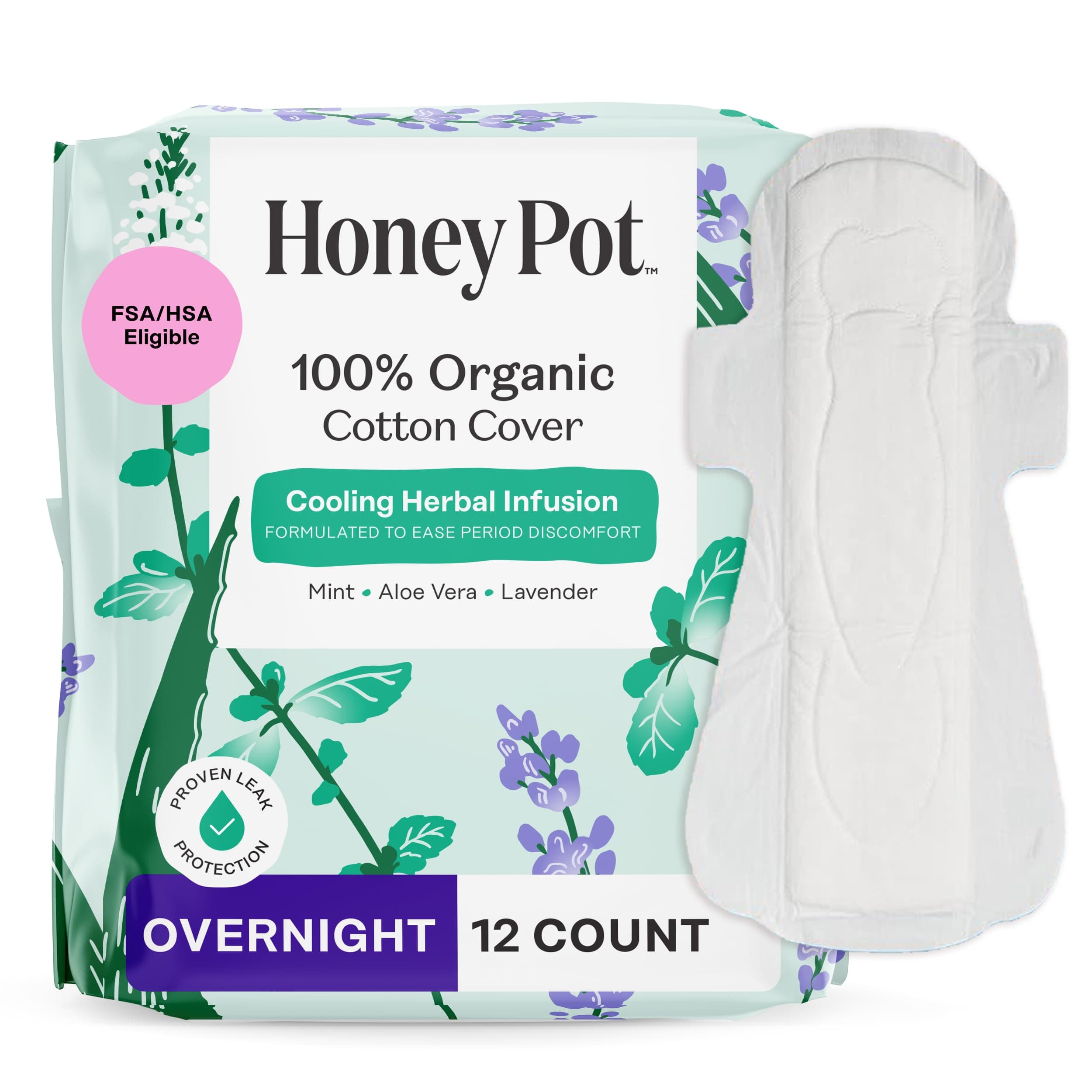 The Honey Pot Company The Honey Pot Overnight Feminine Pads with Wings, Herbal All Natural, 33cm, (12 Count)