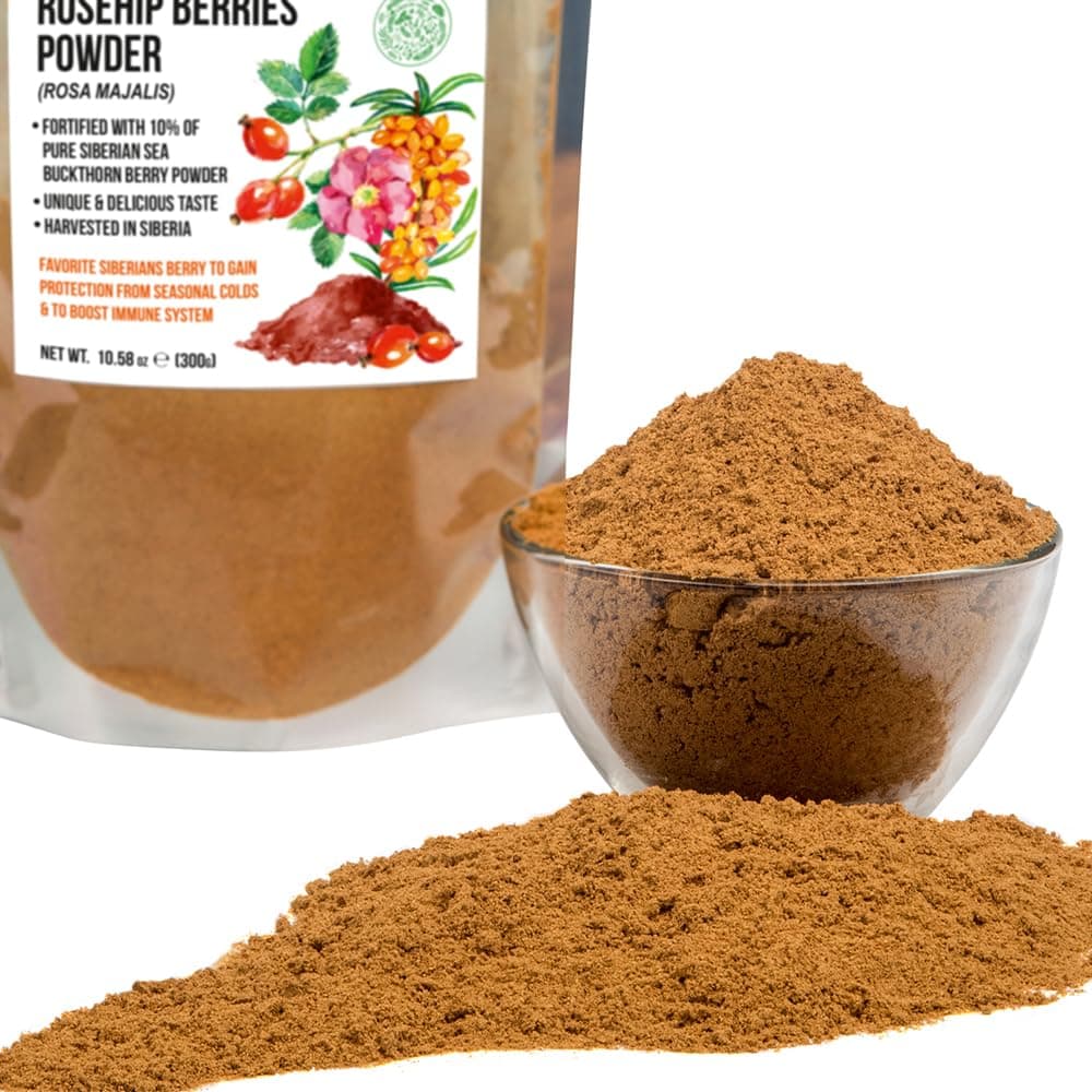 Ground Siberian Rose Hips Flour 300g w Sea Buckthorn Fine Powder Tea from Siberia Altai Mountains Taiga No Added Sugar Resealable Pouch