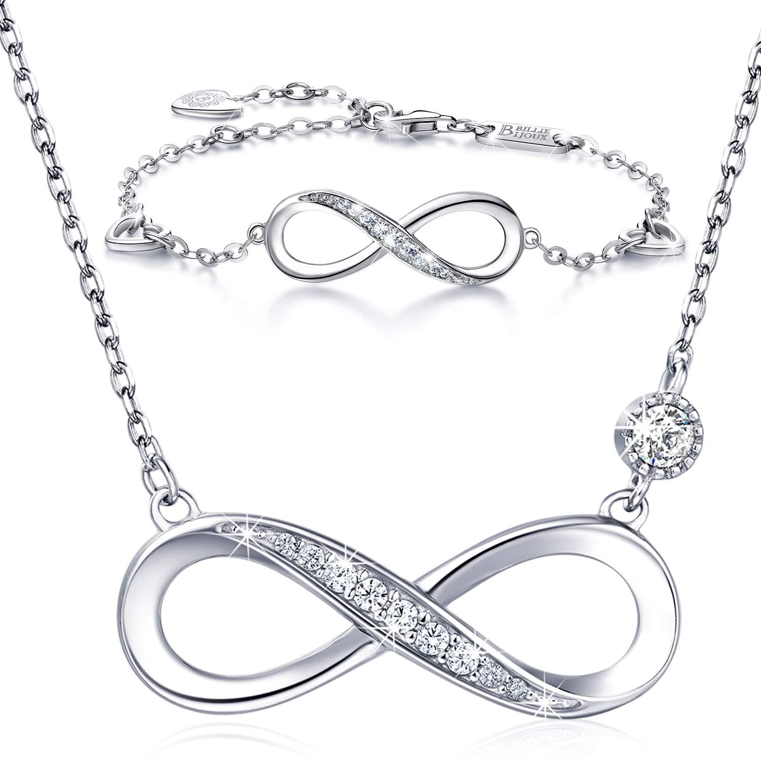Silver Necklace for Women Billie Bijoux 925 Sterling Silver Infinity Heart Pendant White Gold Plated Diamond Women Adjustable Necklace Bracelet Set