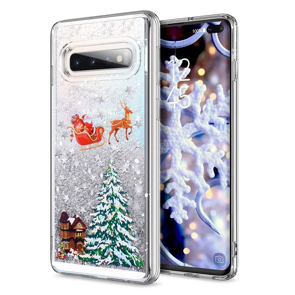 Veapero Samsung Galaxy S10 Plus Case,3D Creative Merry Christmas Tree Pattern Glitter Quicksand Flowing Liquid Bling Sparkle Cute Soft TPU Transparent Protective Case for,Silver