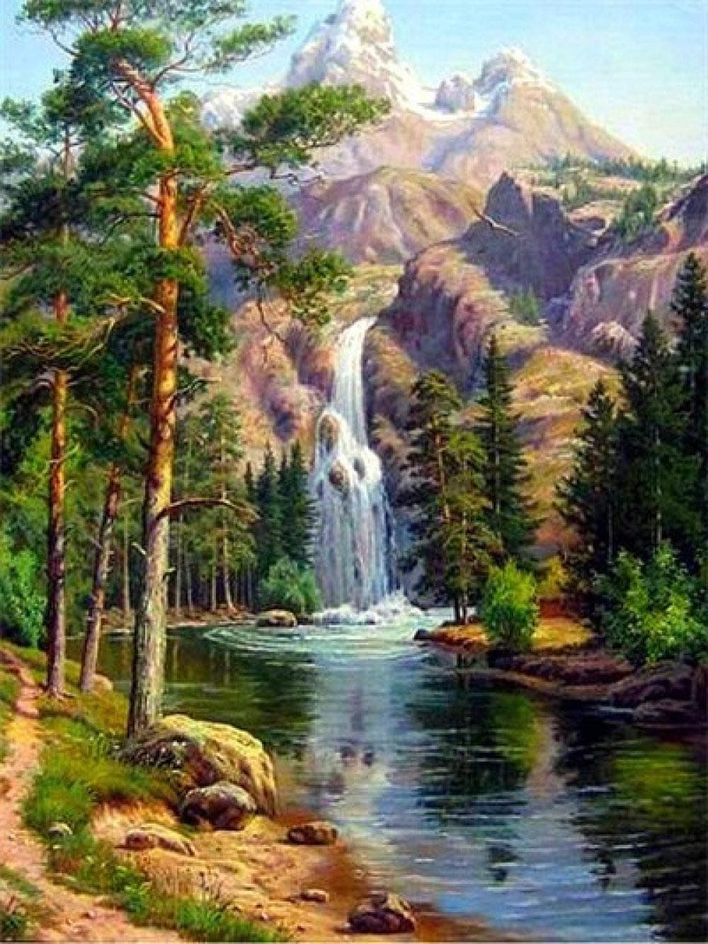 5D Diamond Painting By Number Kit For Adults, Diy Full Drill Cross Stitch Arts Craft,Beautiful Scenery Of Big Mountain Waterfall And Lake,For Relaxation And Canvas Home Wall Decor