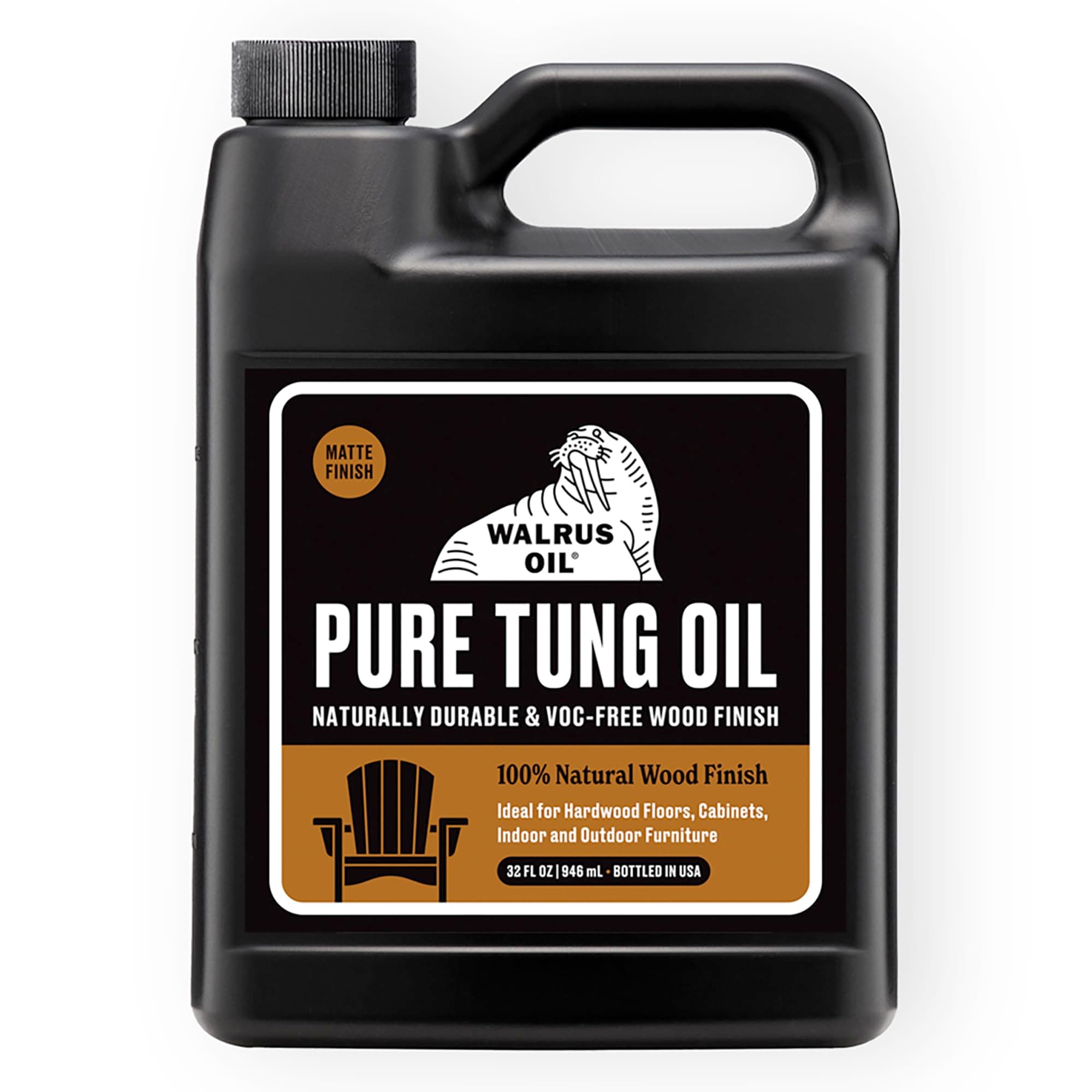 WALRUS OIL - Pure Tung Oil, for Any Woodworking Project, Hardwood Floors, Outdoor Furniture, and More. Vegan, 32oz Jug