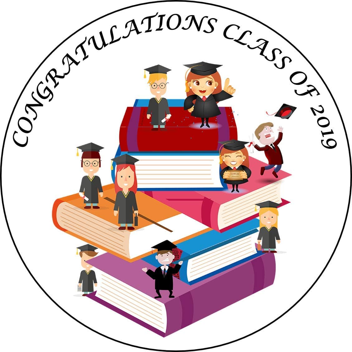 Graduation Round Circle Cake Topper Edible Icing Sheets or Wafer Paper 7.5 inch (Size can be Changed) (Icing)