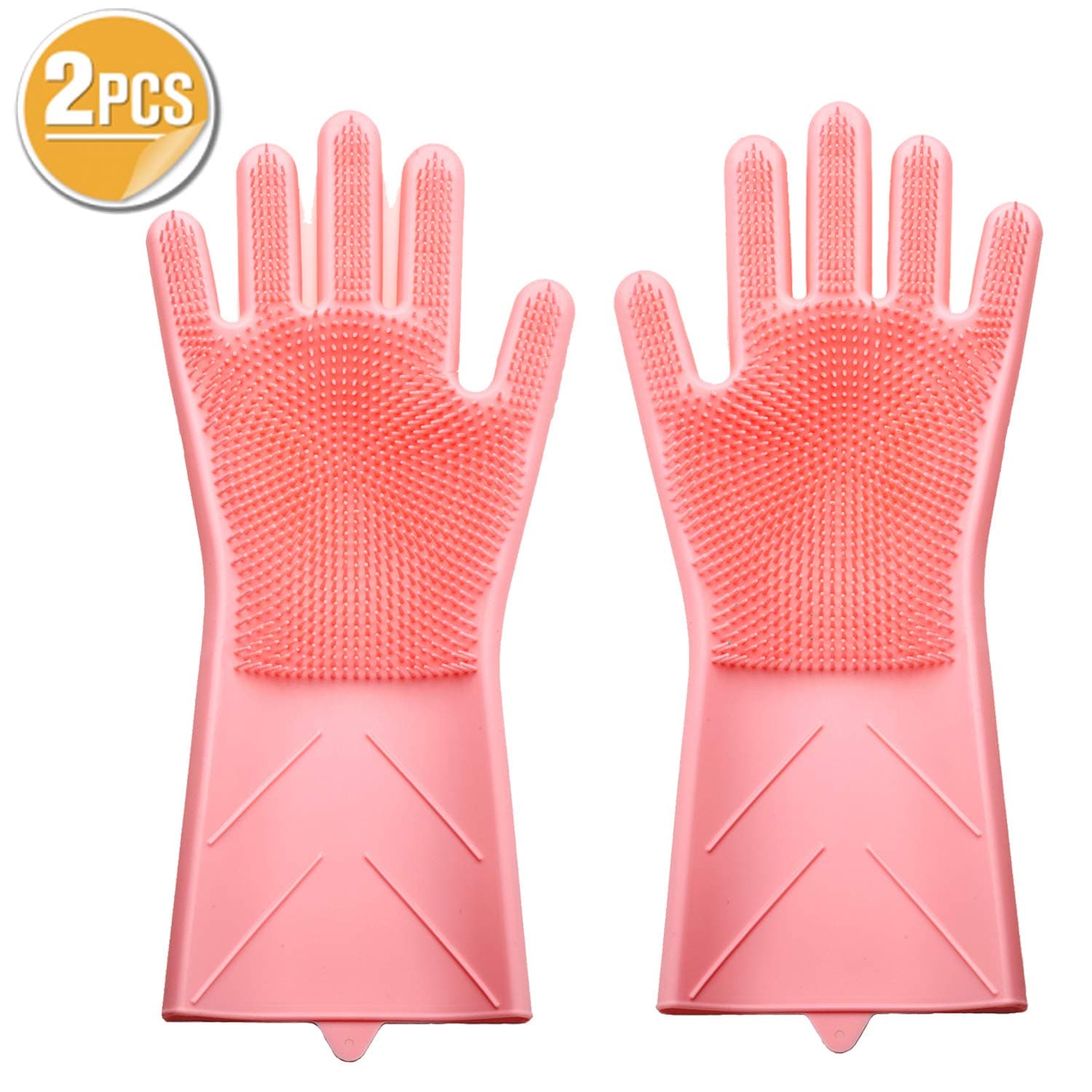 2 Pcs Magic Silicone Gloves with Wash Scrubber, 2 in 1 Heat Resistant Silicone Brush Scrub Gloves for Cleaning, Household, Dish Washing, Washing the Car, Pet Hair Care (Pink)