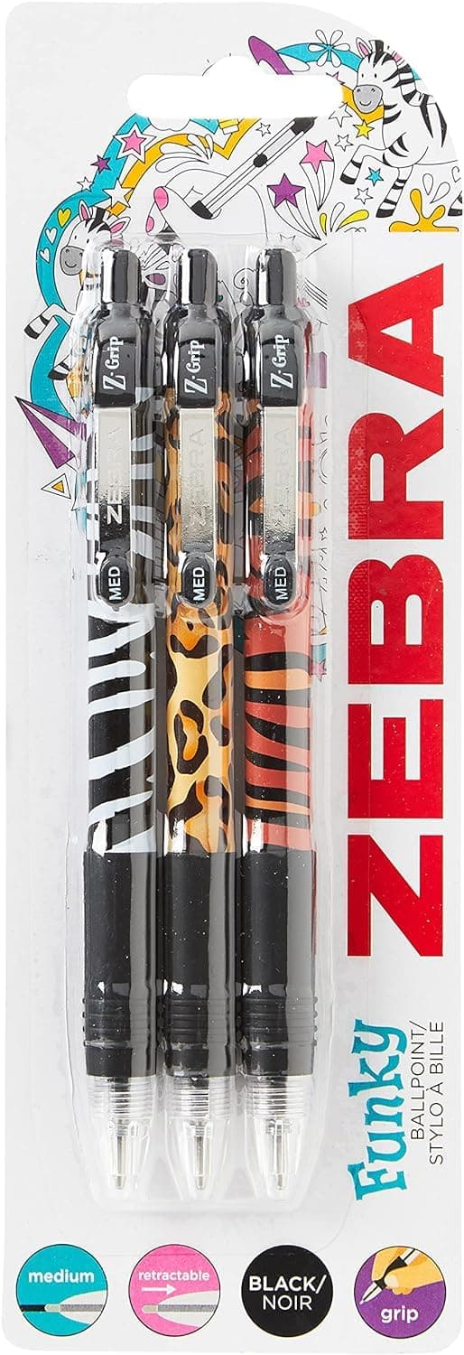 – Zebra Pen Z Grip Black Pens Ballpoint, Smooth & Funky Pens With Pocket Clip, Retractable & Reliable Black Biro Multipack For Everyday Use - Animal Design, 3pk