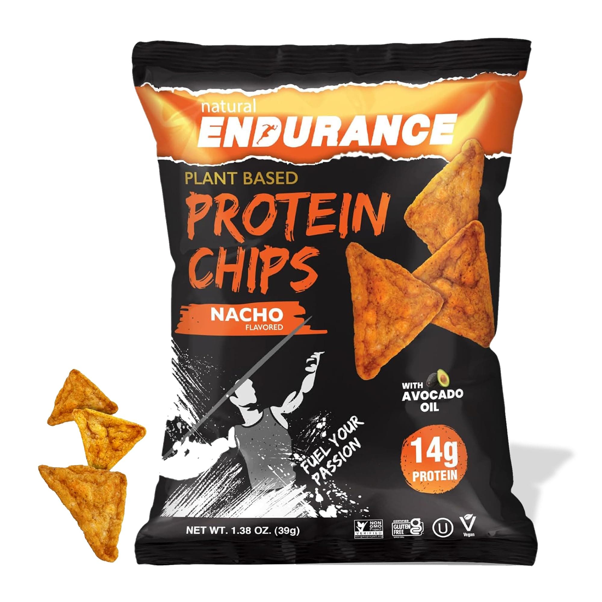 Natural Endurance Protein Chips - Nacho Chips, Low Carb Chips, High Protein Snack, Vegan Protein with Avocado Oil, 14g Protein Per Bag, Gluten Free - Nacho Flavor, 1.38 oz Bags (Pack of 12)