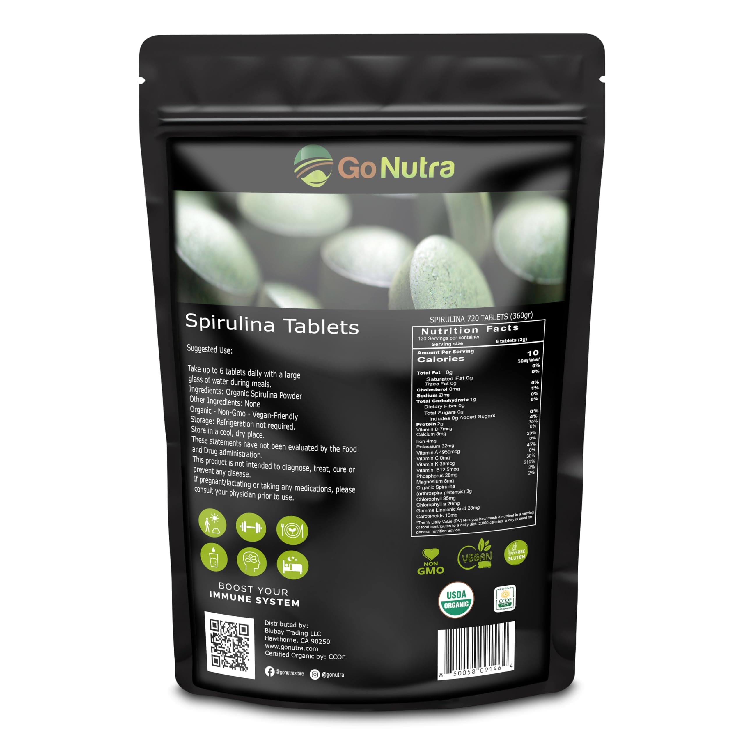 Go Nutra Organic Spirulina Tablets | Nutrient Dense Organic Spirulina Superfood | Protein, Vitamins, Minerals, Fibers, Amino Acids | No Fillers, Non-GMO, Vegan | 500 mg, 720 ct, 4 Month Supply