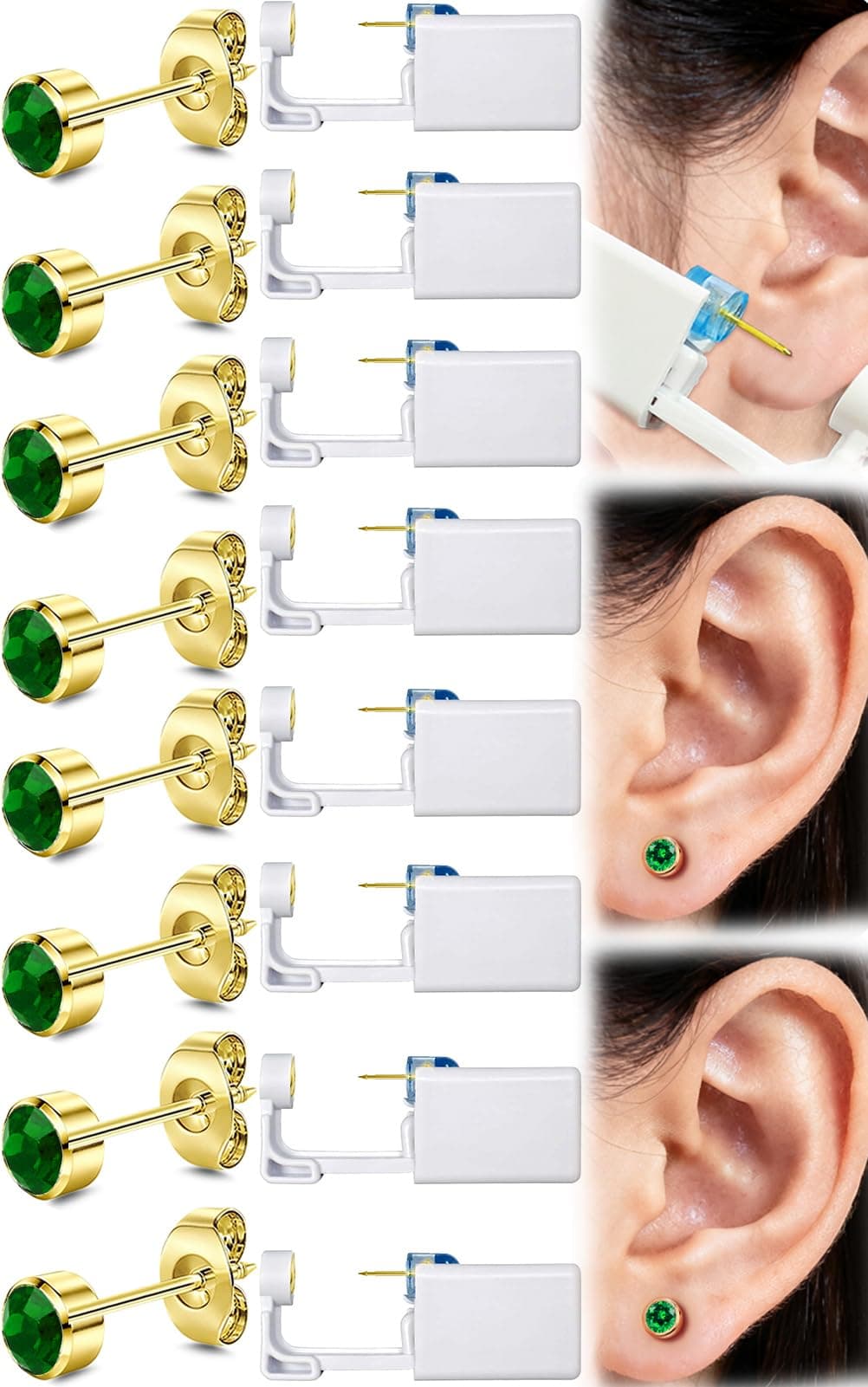 Get the Perfect Ear Piercing with 24 Pcs Premium Ear Piercing Kit - Includes 8 Green CZ Stones Earrings and 8 Easy-to-Use Self Ear Piercing Gun - Safe and Painless