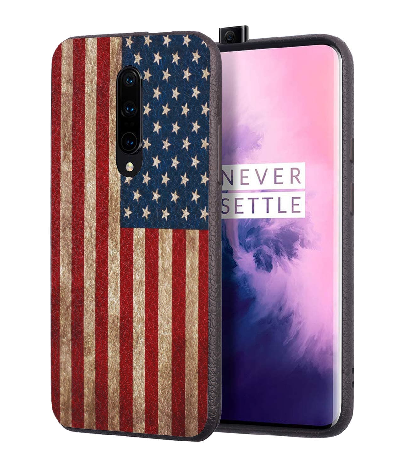 OnePlus 7 Pro Case, BWOOLL Slim Anti-Scratch Shockproof Leather Grain TPU Rubber Protective Cover for OnePlus 7 Pro (2019) - Vintage USA American Flag