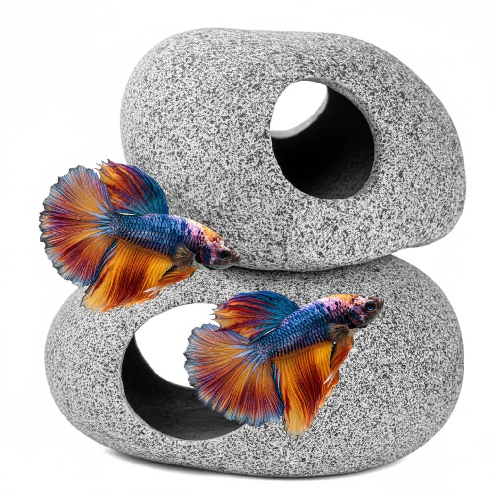 - Aquarium Cave Decor - 2 PCS Natural Fish Tank Rocks for Betta Hideout and Shrimp Breeding, Hand-Polished Smooth Edges, PH Neutral, Ideal for 5-20 Gallon Tanks, Aquascaping Stone Ornaments