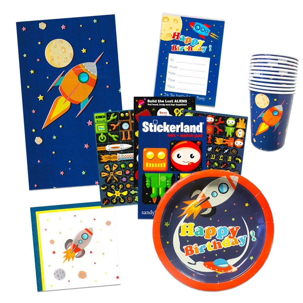Space Party Supplies Outer Ultimate Set -- Spaceship Birthday Party Decorations, Plates, Cups, Napkins, Party Favors Bags and More (Rocket Theme)