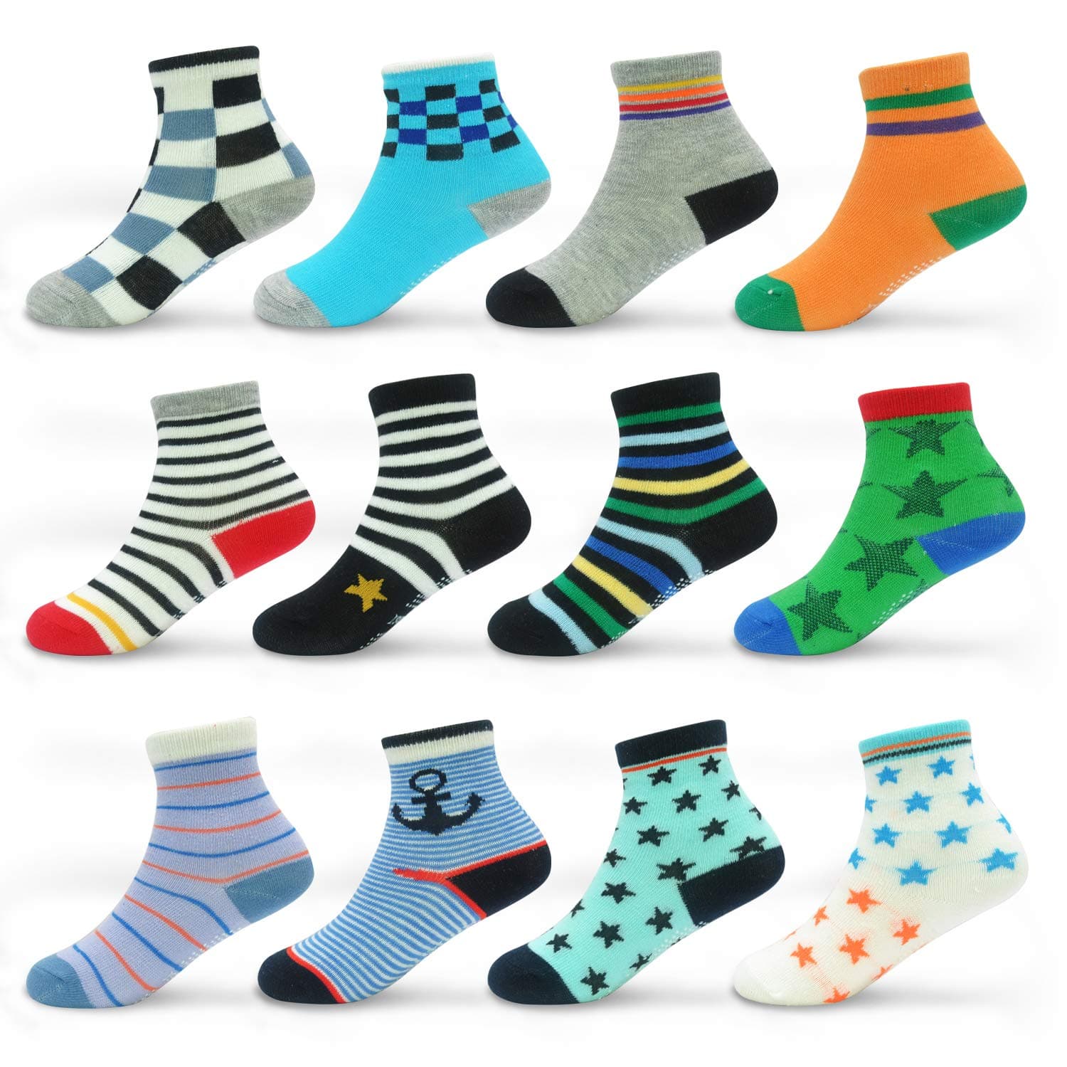 Toddler Grips Socks, Non Slip Kids Toddlers Boys Girls Grippy Child Socks with Grippers for 1-7 Years Old,12 Pairs