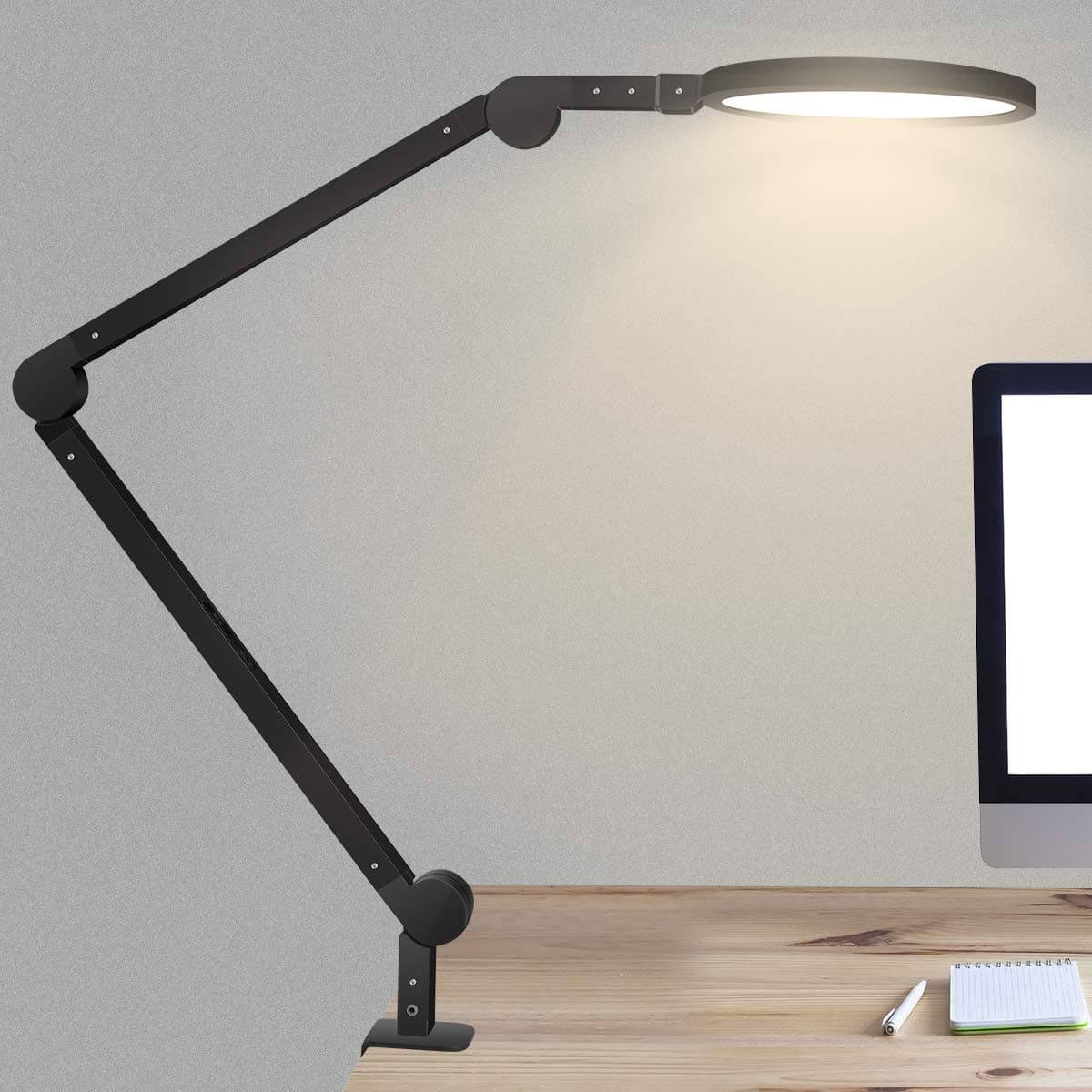 LED Desk Lamp with Clamp, 12W Eye Caring Swing Arm Lamps, Dimmable, 6 Color Modes Modern Architect Table Light with Memory, Timer Function for Study, Reading, Work, Task, Office
