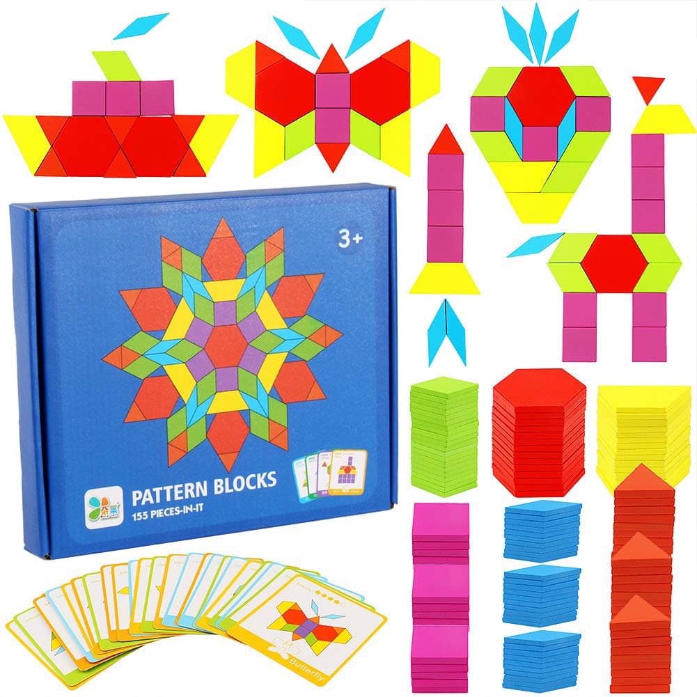 GuangFan Wooden Pattern Blocks Jigsaw Puzzles Classic Educational Toys with 155 Pcs Wood Geometric Shape Toy