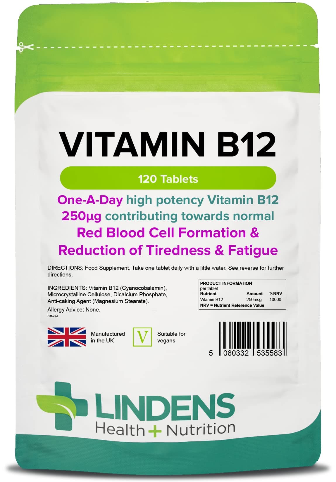 Lindens - Vitamin B12 250mcg, 120 Tablets - 1 a Day, UK Made - Red Blood Cell Formation, Metabolism, Reduction of Tiredness and Fatigue - 10,000% NRV Dose - Letterbox Friendly, Vegan