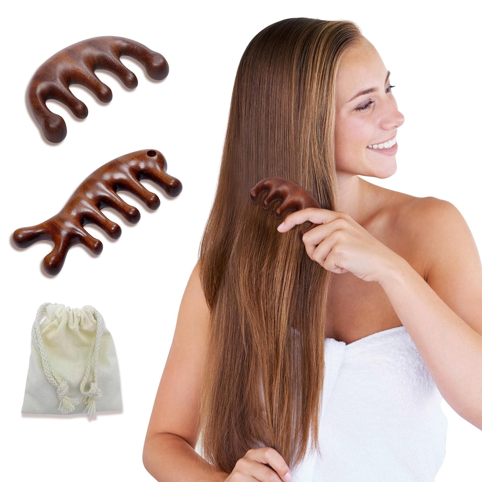 2 Pack Wooden Scalp Massage Comb, Sandalwood Scalp Massager Wood, Head Massage Gua Sha Brush for Women Men Hair Growth