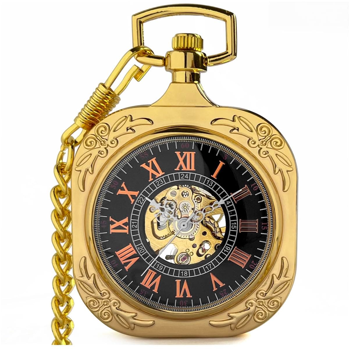 VIGOROSO Mens Classic Steampunk Pocket Watch with Chain Skeleton Hand Wind Mechanical Pocket Watches for Men & Women
