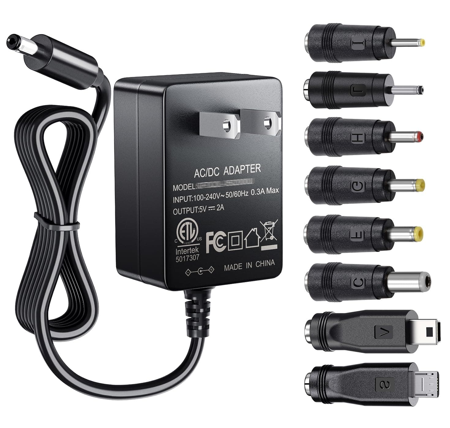 5V 2A Power Supply Adapter 10W AC100-240V to DC 5 Volt 2Amp Versatile Charger Cord with 8 Plugs for USB Hub TV Box Tablet Camera Speaker GPS Webcam Router and More 5vdc Electronics, 5FT