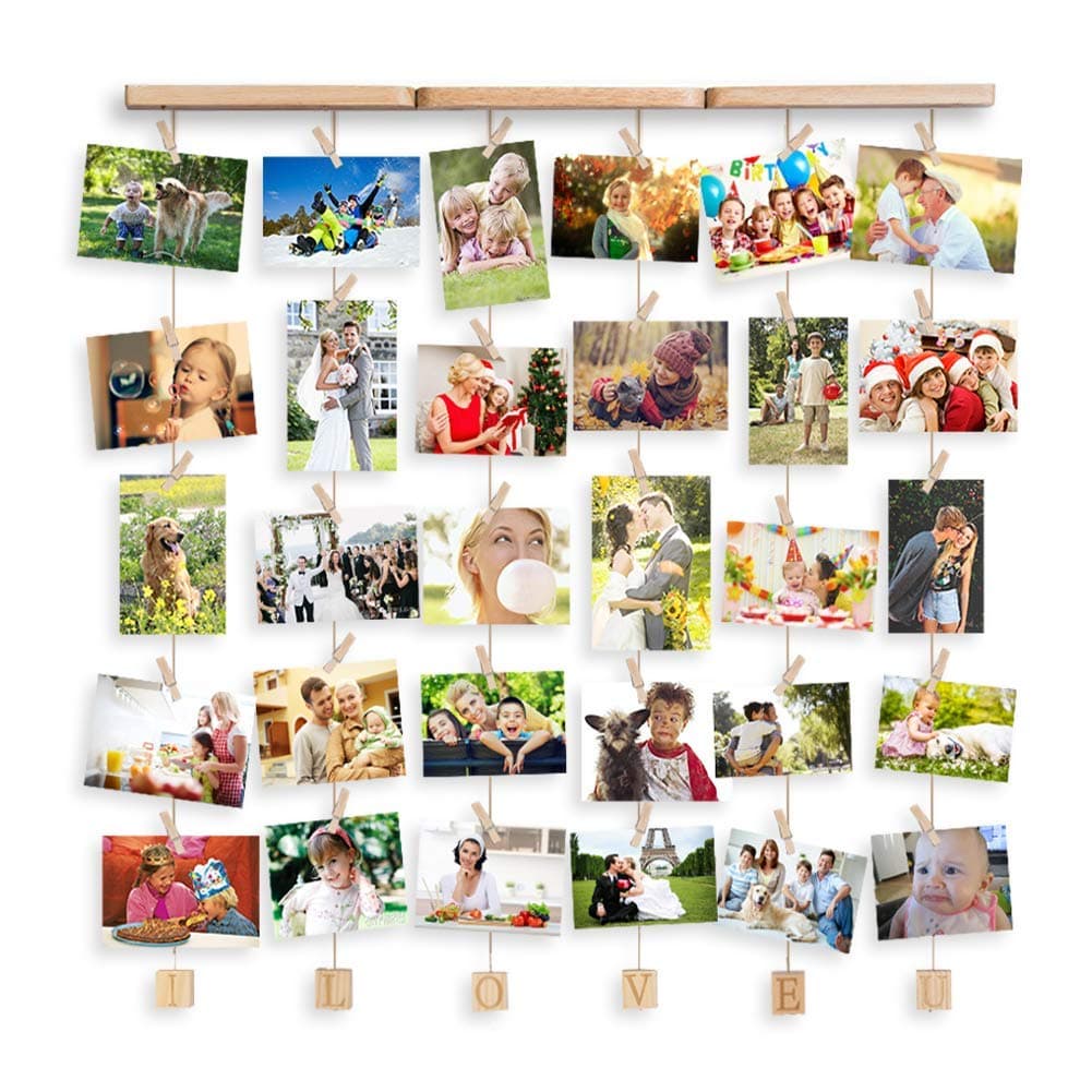 Uping Hanging Photo Display Wood Wall Photo Display Board with Rope and 30 Small Memo Clips Hanging Photo Frames
