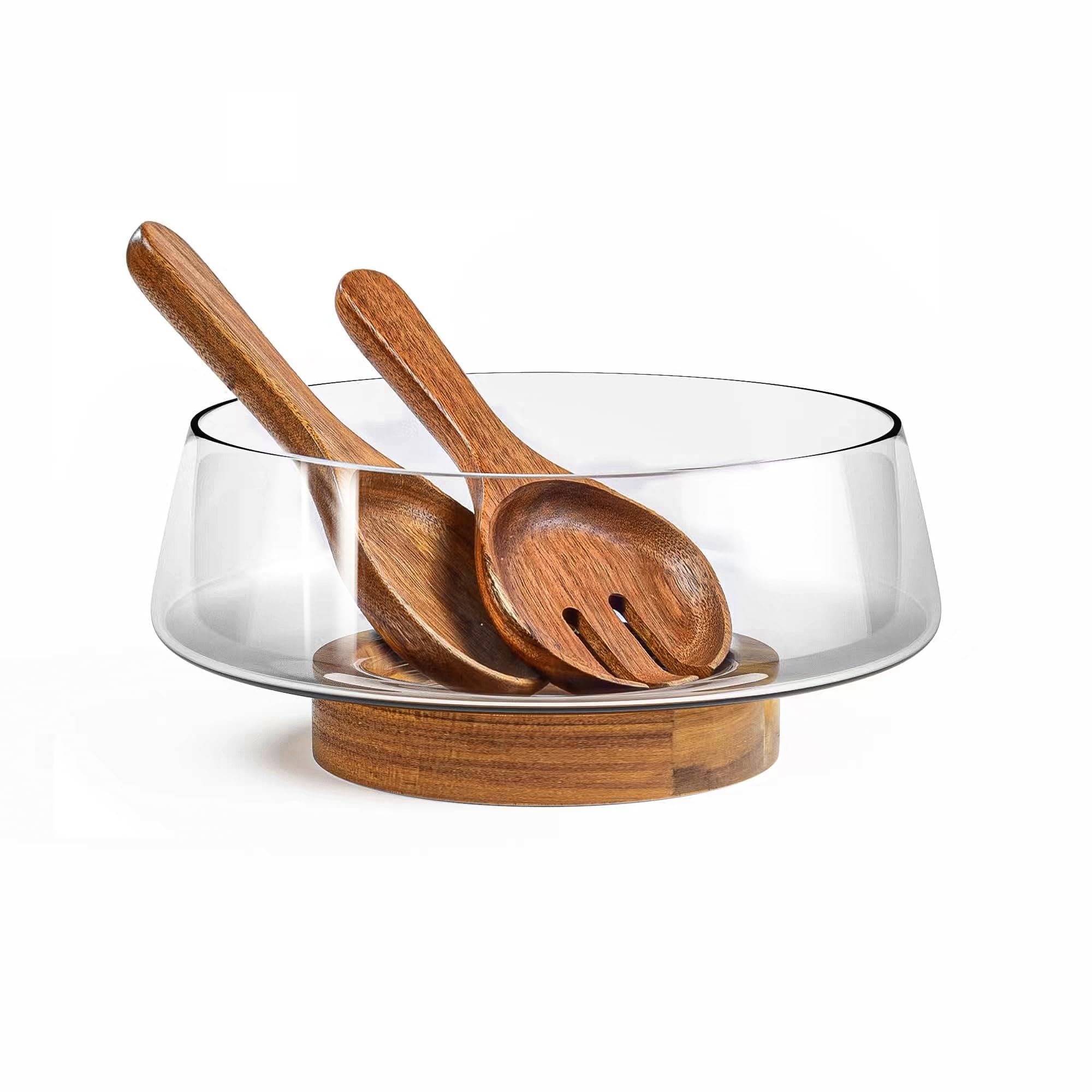 Extra Large Glass Salad Bowl Set - Salad Bowls for Party with Acacia Wood Base and Salad Serving Utensils - Elegant and Practical Kitchen Must-Have
