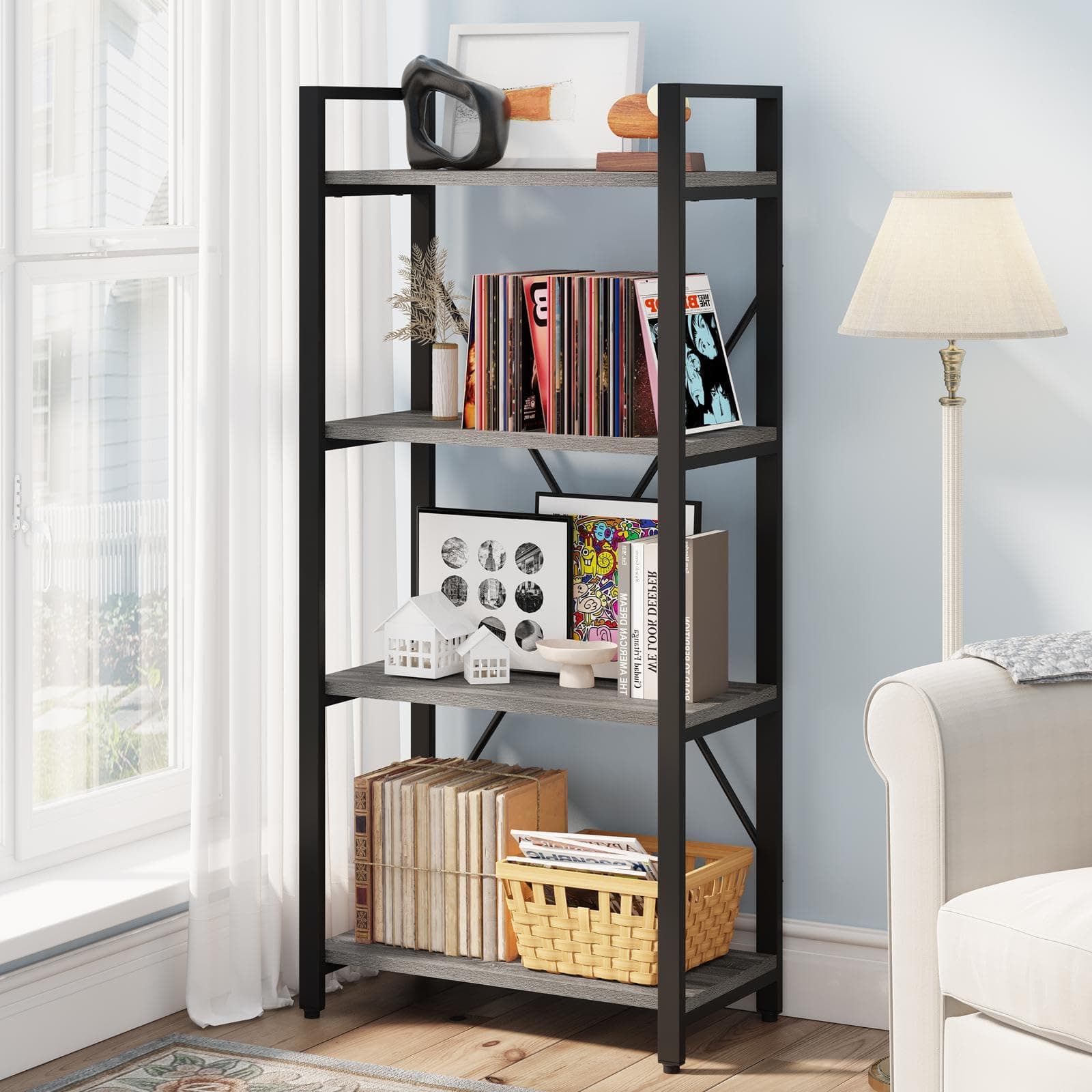 BON AUGURE Industrial 4 Tier Bookshelf, Modern Open Etagere Bookcase, Wood Metal Book Shelves for Living Room, Bedroom and Office (Dark Gray Oak)