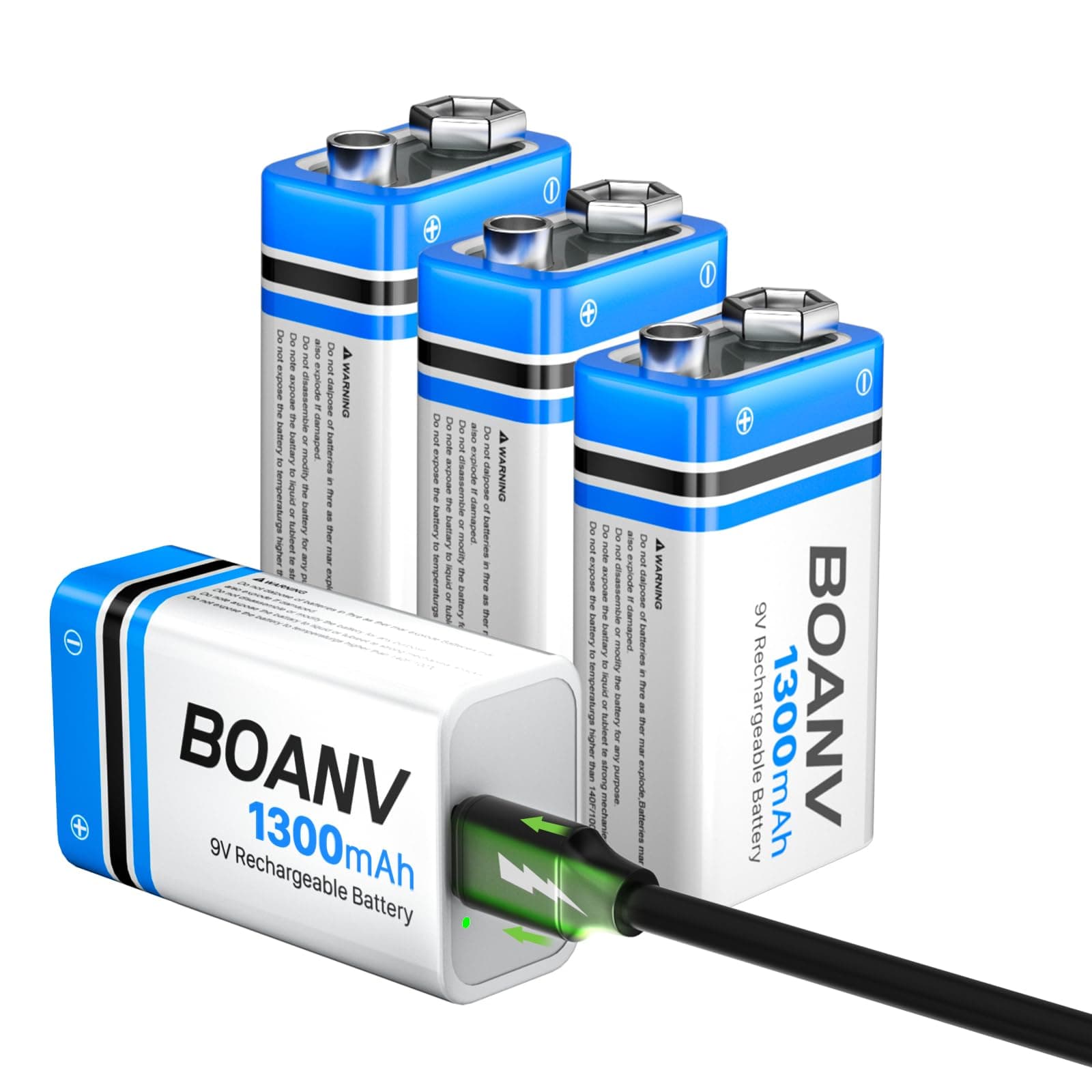 BOANV 4PCS 1300mAh 9V Rechargeable Batteries, 9V Rechargeable USB Lithium Long Lasting Battery, with 2 in 1 Charging Cable, for Smoke Detectors, Alarms, Keypad, Microphone