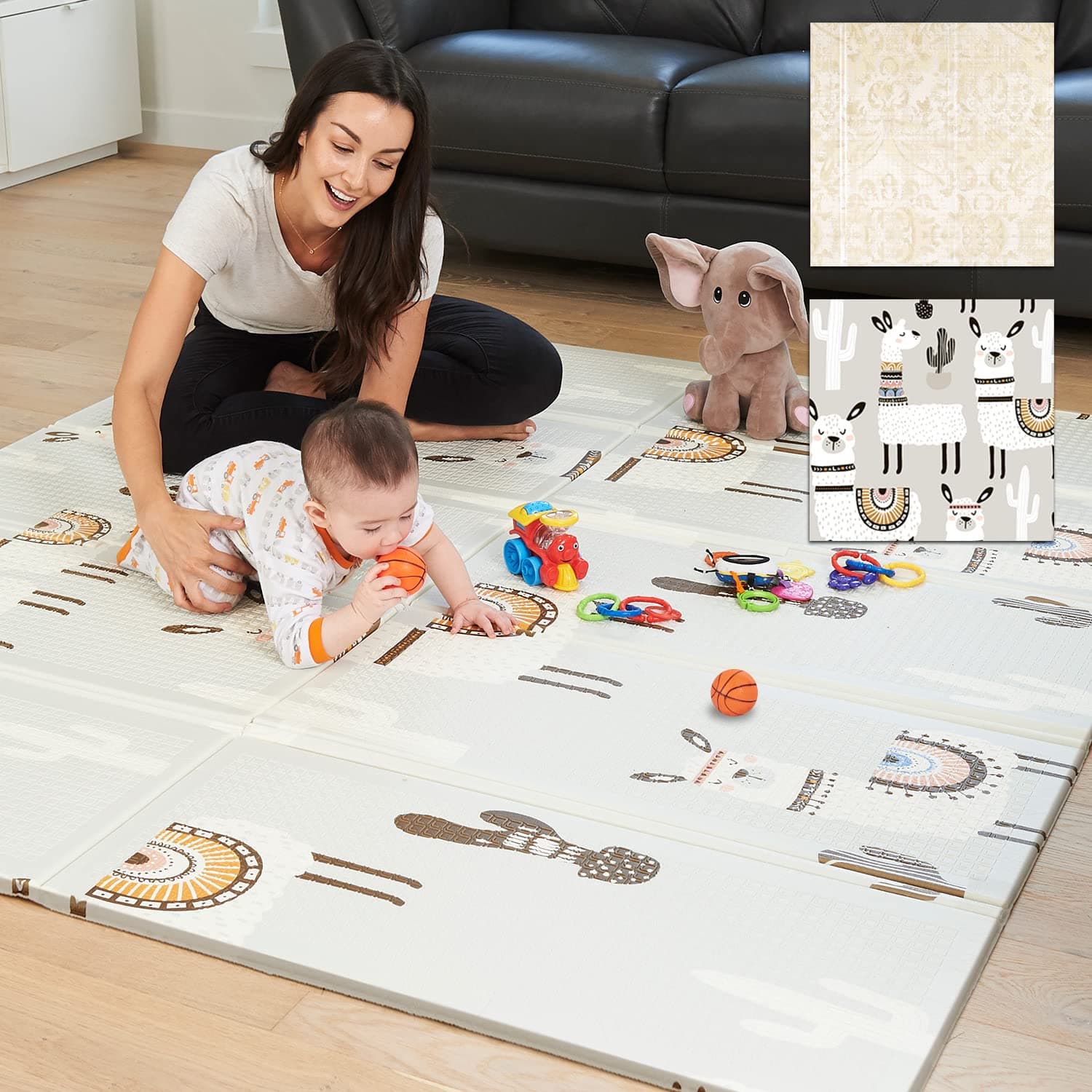 Reversible Baby Play Mat & Exercise Mat - Fun & Stylish Foam Floor Playmat for Kids and Infants. Elegant Room Decor Transforms into Large Fun Activity Gym Mat (Llama)